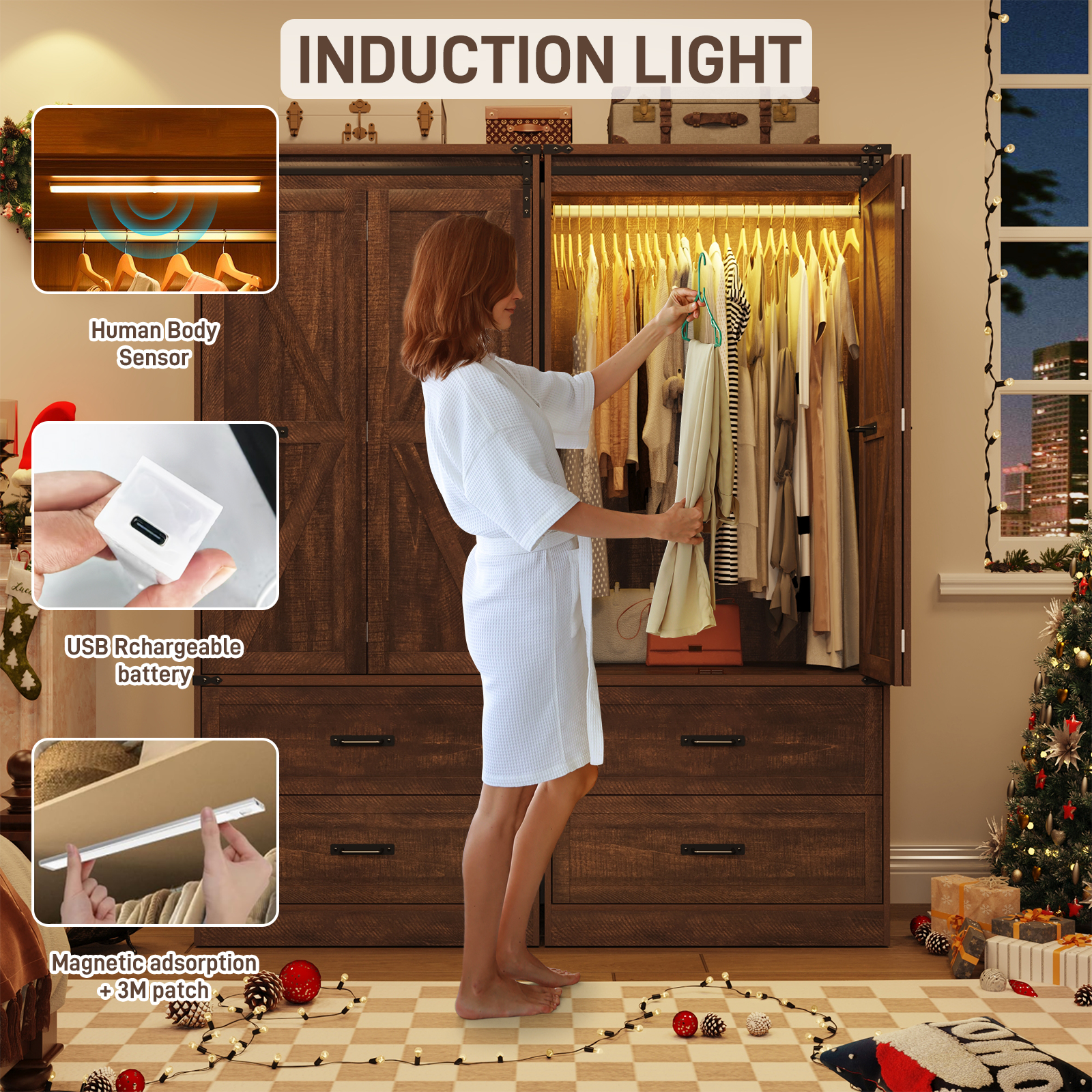 ChVans 72.8''H Armoire Wardrobe Closet with Sensor Light and 2 Drawer, Farmhouse Bedroom Armoire Cabinet with Hanging Rod, Wooden Wardrobe Cabinet with folding sliding barn door for Bedroom