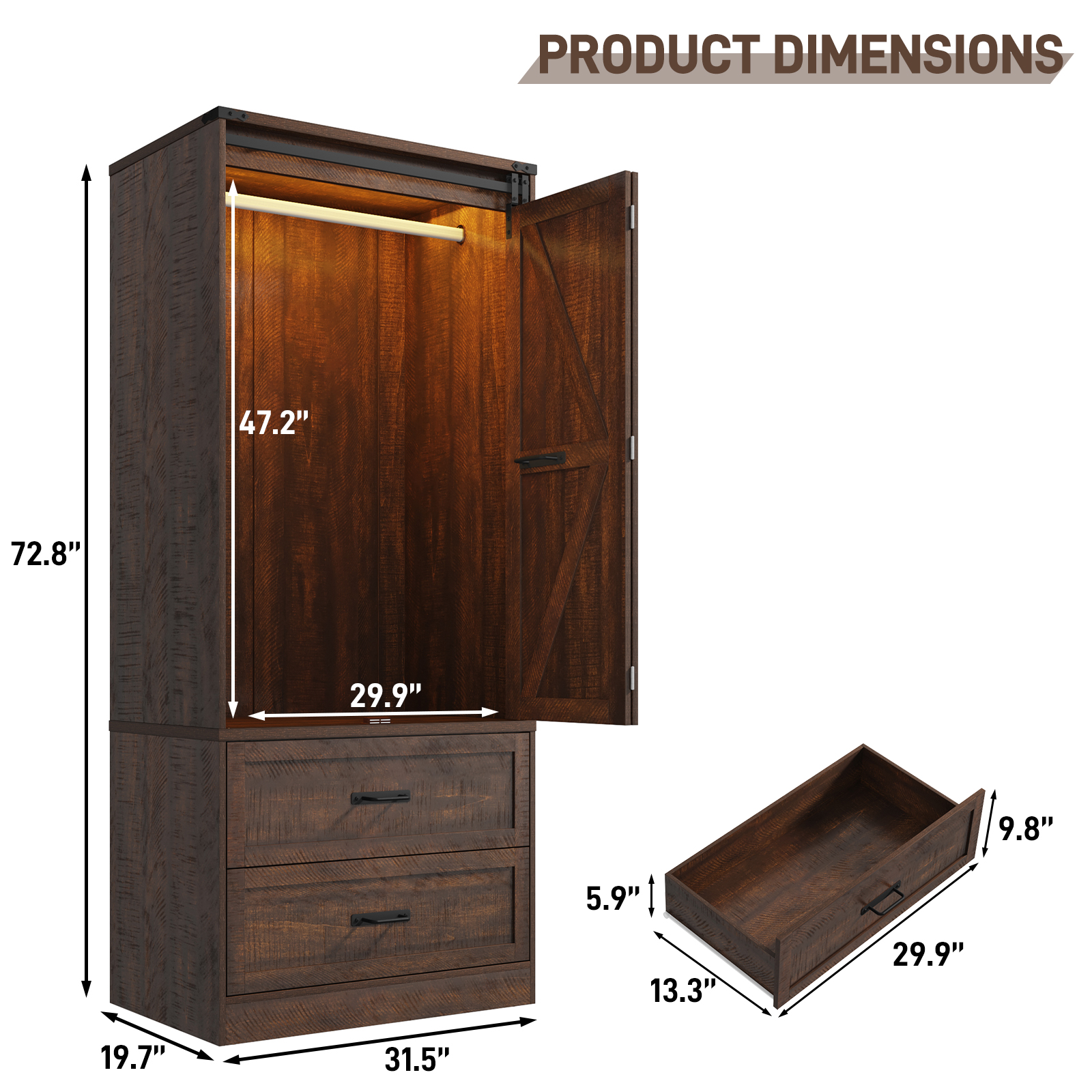 ChVans 72.8''H Armoire Wardrobe Closet with Sensor Light and 2 Drawer, Farmhouse Bedroom Armoire Cabinet with Hanging Rod, Wooden Wardrobe Cabinet with folding sliding barn door for Bedroom