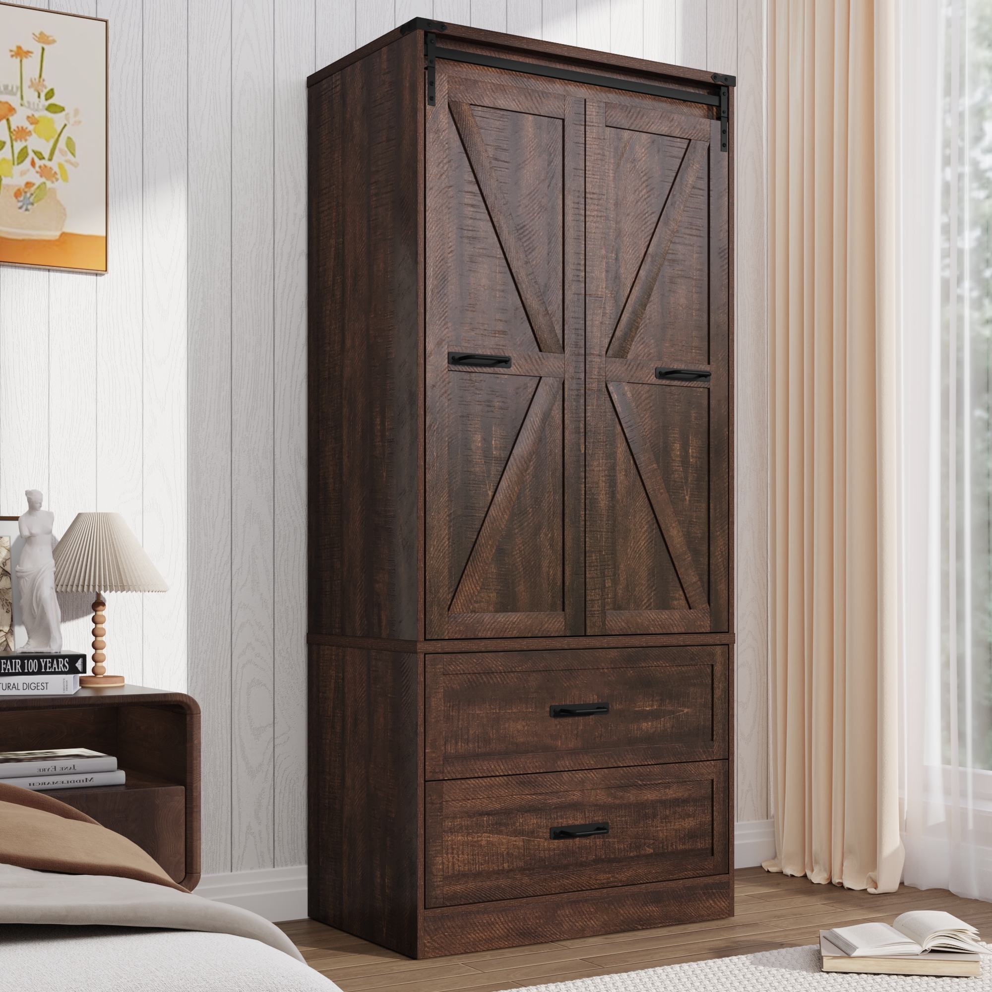 ChVans 72.8''H Armoire Wardrobe Closet with Sensor Light and 2 Drawer, Farmhouse Bedroom Armoire Cabinet with Hanging Rod, Wooden Wardrobe Cabinet with folding sliding barn door for Bedroom