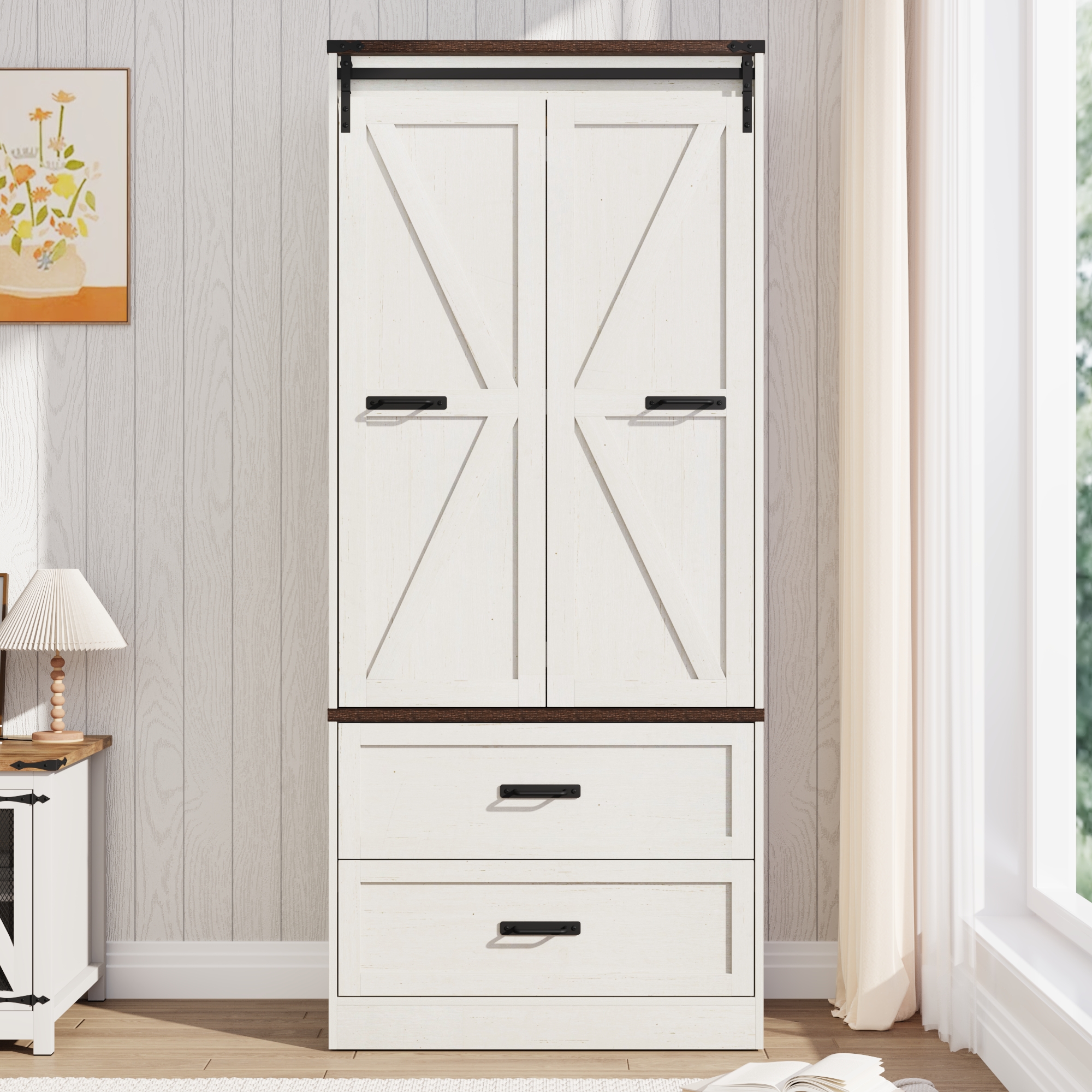 ChVans 72.8''H Armoire Wardrobe Closet with Sensor Light and 2 Drawer, Farmhouse Bedroom Armoire Cabinet with Hanging Rod, Wooden Wardrobe Cabinet with folding sliding barn door for Bedroom