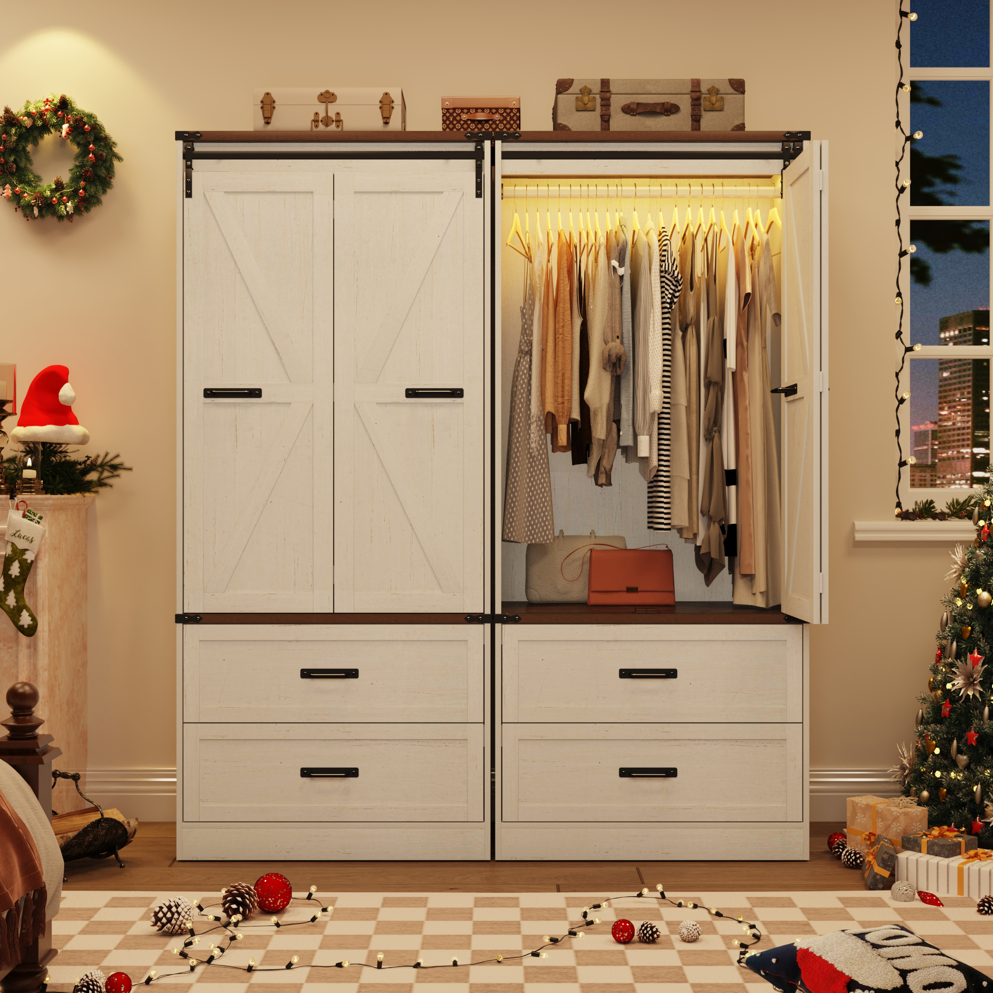 ChVans 72.8''H Armoire Wardrobe Closet with Sensor Light and 2 Drawer, Farmhouse Bedroom Armoire Cabinet with Hanging Rod, Wooden Wardrobe Cabinet with folding sliding barn door for Bedroom