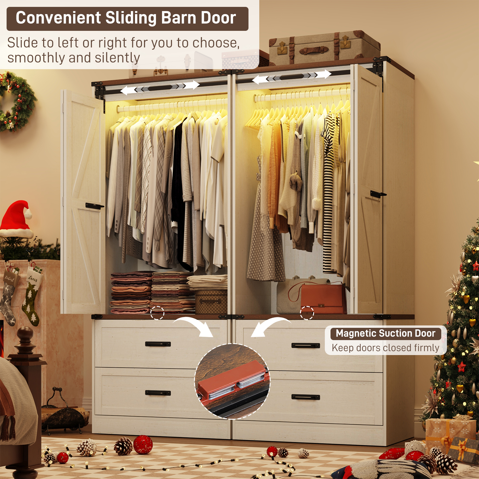 ChVans 72.8''H Armoire Wardrobe Closet with Sensor Light and 2 Drawer, Farmhouse Bedroom Armoire Cabinet with Hanging Rod, Wooden Wardrobe Cabinet with folding sliding barn door for Bedroom