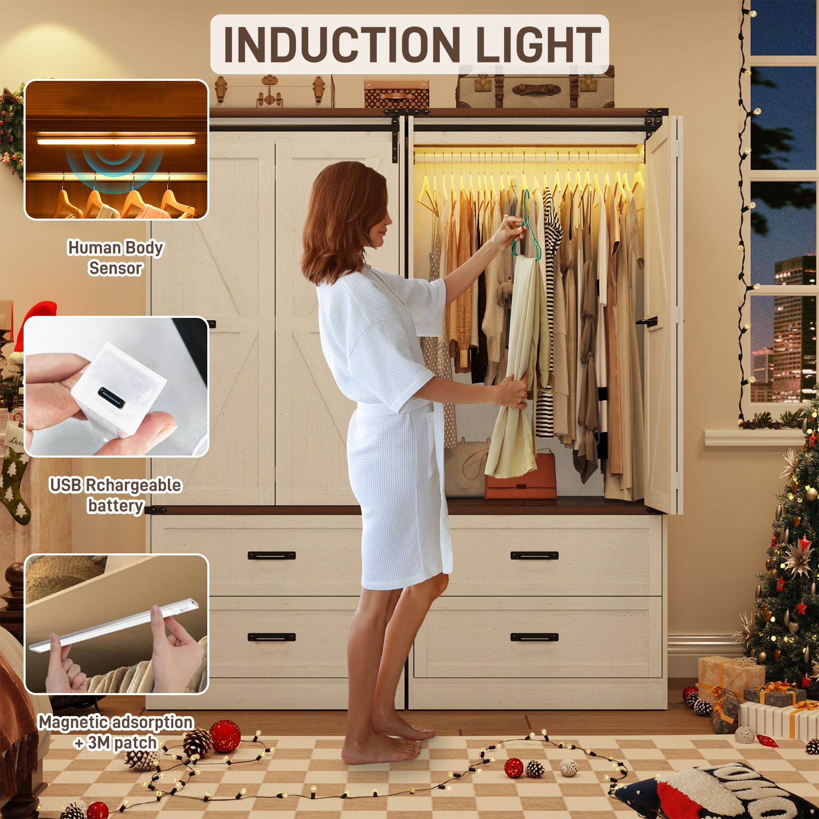 ChVans 72.8''H Armoire Wardrobe Closet with Sensor Light and 2 Drawer, Farmhouse Bedroom Armoire Cabinet with Hanging Rod, Wooden Wardrobe Cabinet with folding sliding barn door for Bedroom