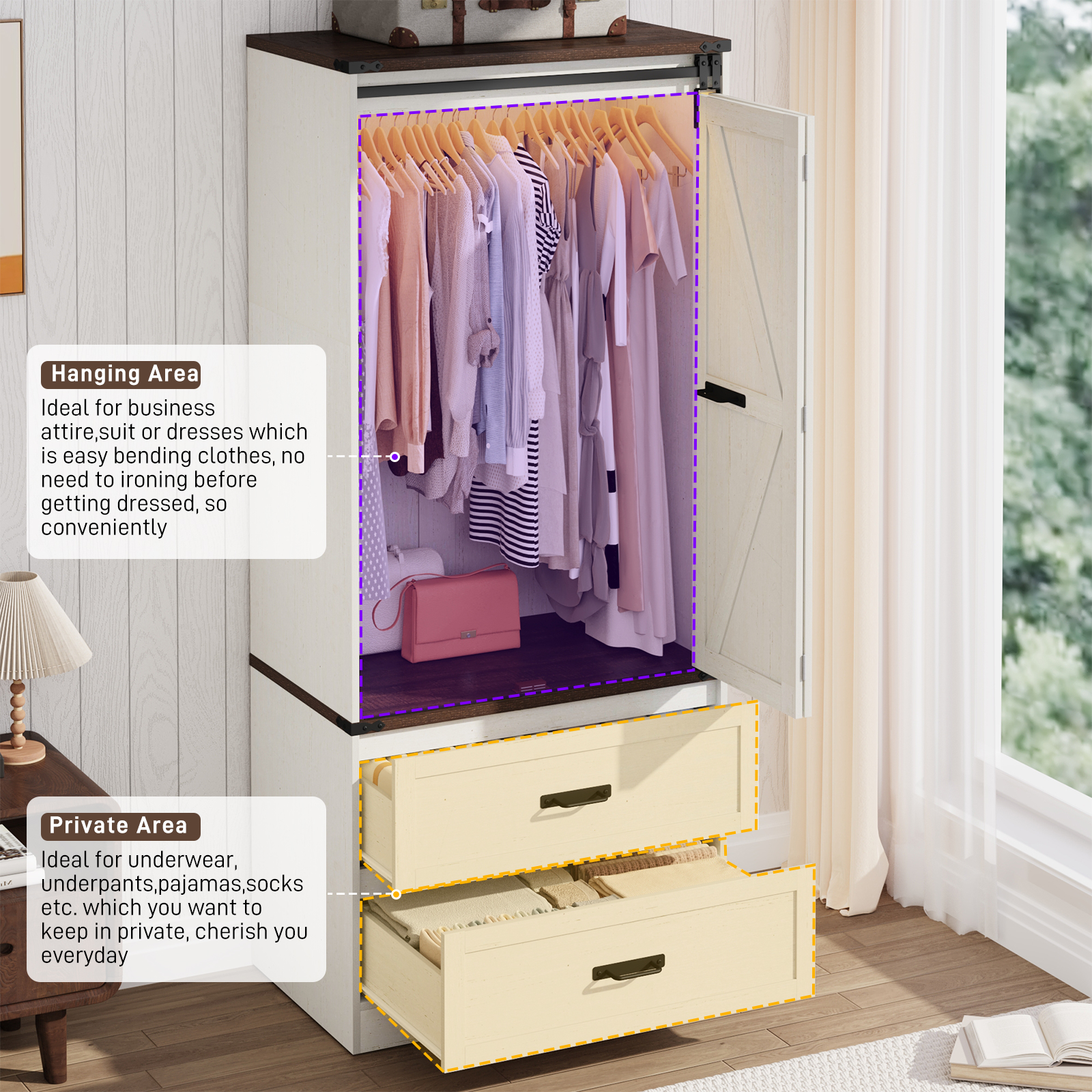 ChVans 72.8''H Armoire Wardrobe Closet with Sensor Light and 2 Drawer, Farmhouse Bedroom Armoire Cabinet with Hanging Rod, Wooden Wardrobe Cabinet with folding sliding barn door for Bedroom