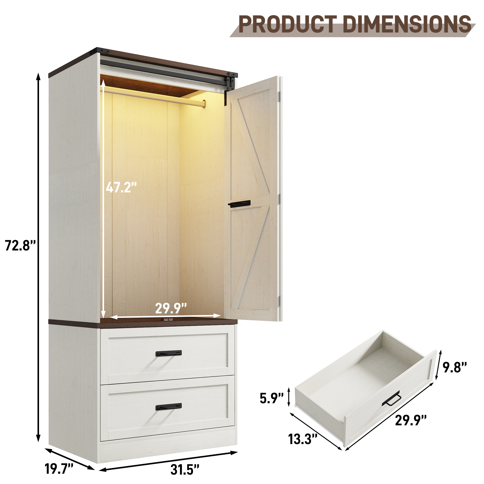 ChVans 72.8''H Armoire Wardrobe Closet with Sensor Light and 2 Drawer, Farmhouse Bedroom Armoire Cabinet with Hanging Rod, Wooden Wardrobe Cabinet with folding sliding barn door for Bedroom