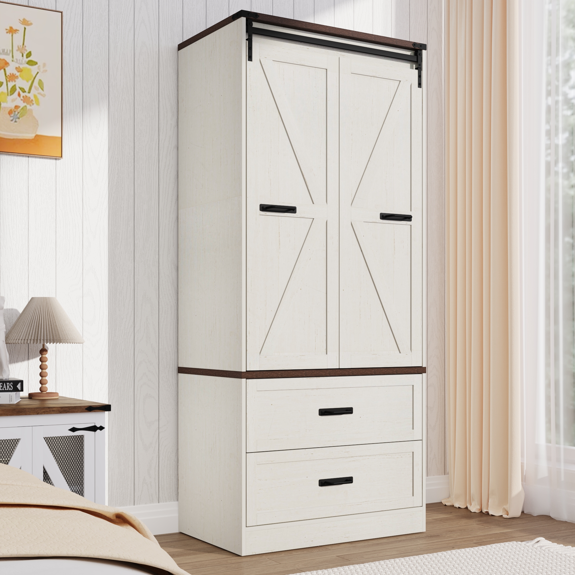 ChVans 72.8''H Armoire Wardrobe Closet with Sensor Light and 2 Drawer, Farmhouse Bedroom Armoire Cabinet with Hanging Rod, Wooden Wardrobe Cabinet with folding sliding barn door for Bedroom
