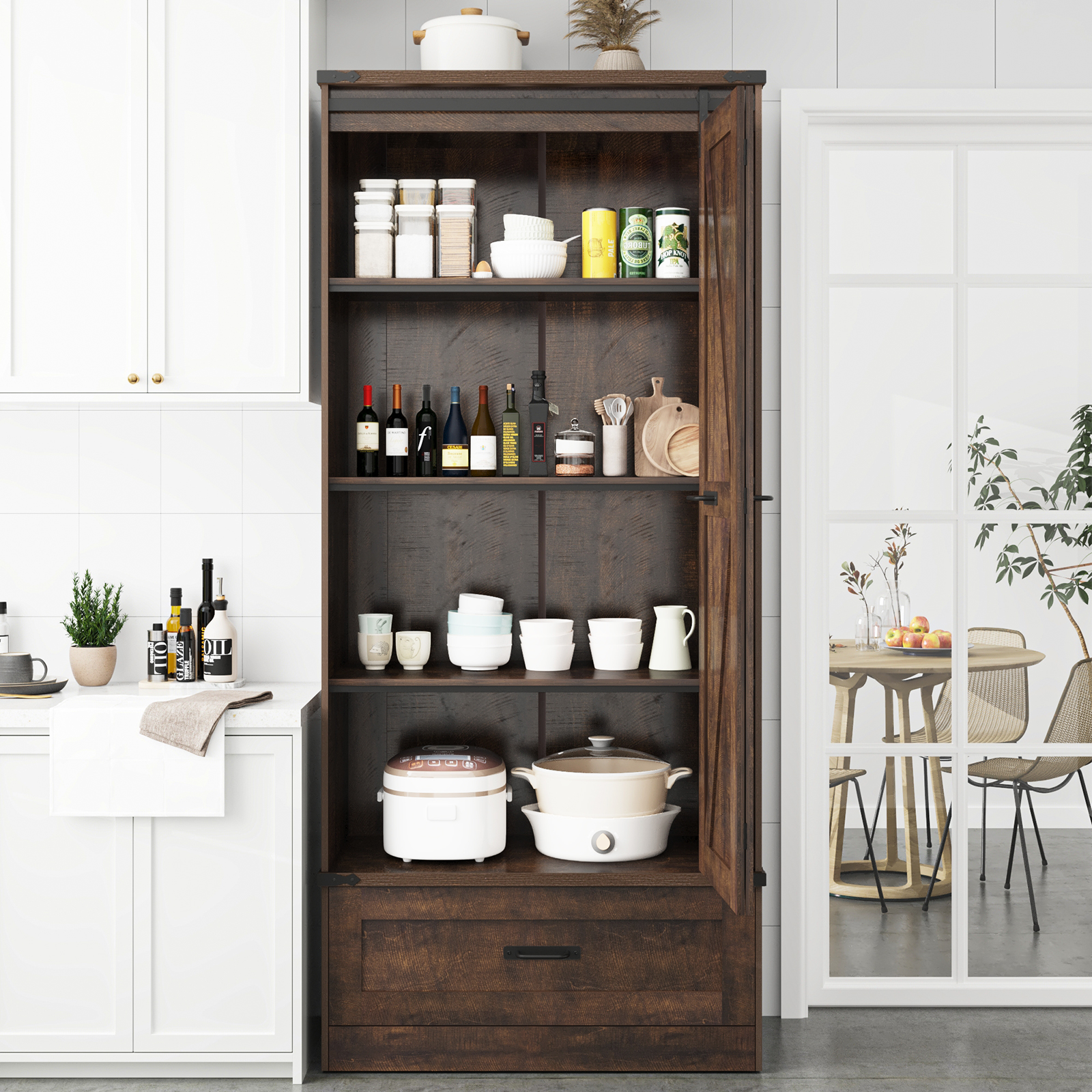 71''Tall Farmhouse Kitchen Pantry Cabinet, 4 Layers Storage Cabinet with Adjustable Shelves, Drawer, Folding Door, Versatile Large Rustic Cabinet for Kitchen, Dining Room, Living Room, Bathroom