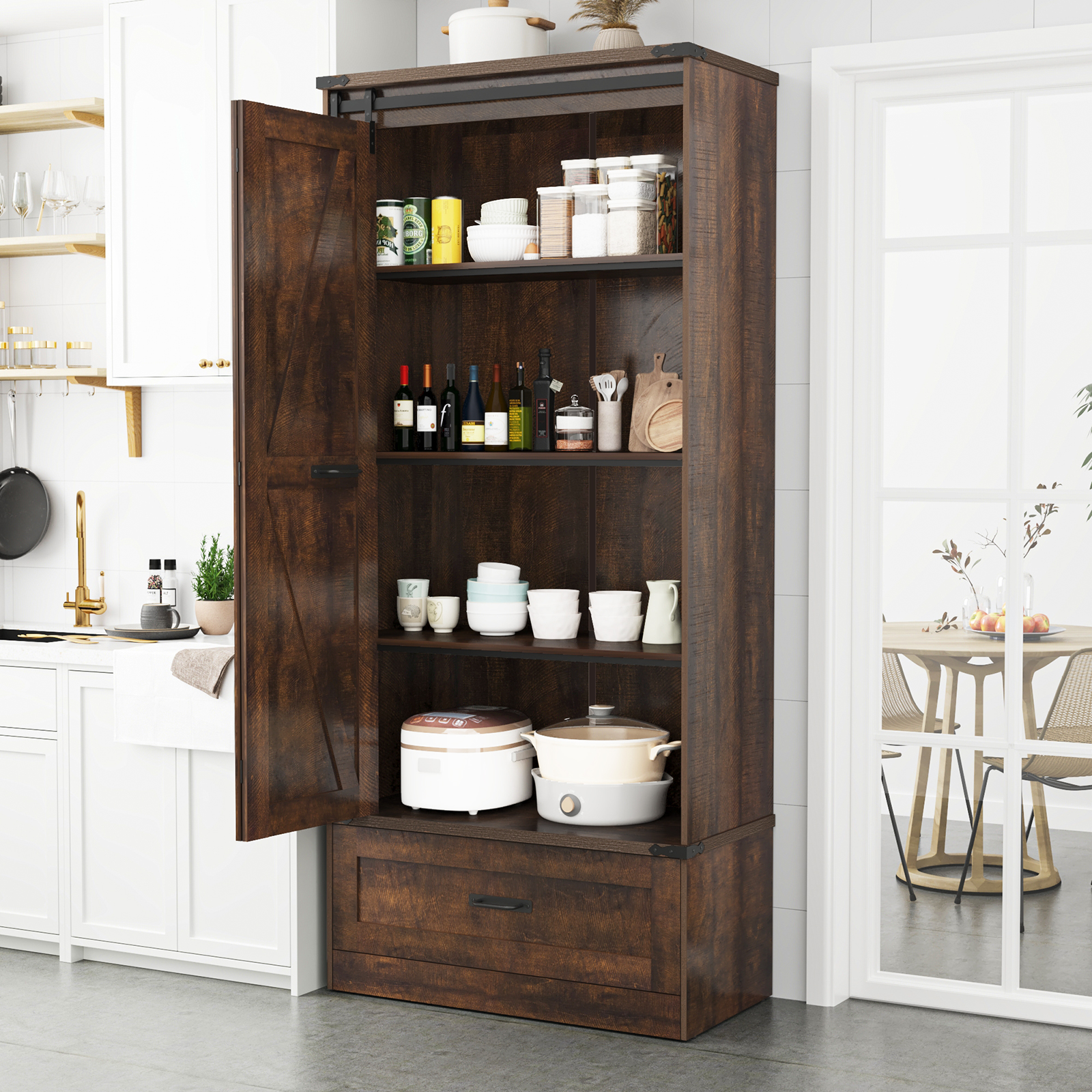 71''Tall Farmhouse Kitchen Pantry Cabinet, 4 Layers Storage Cabinet with Adjustable Shelves, Drawer, Folding Door, Versatile Large Rustic Cabinet for Kitchen, Dining Room, Living Room, Bathroom