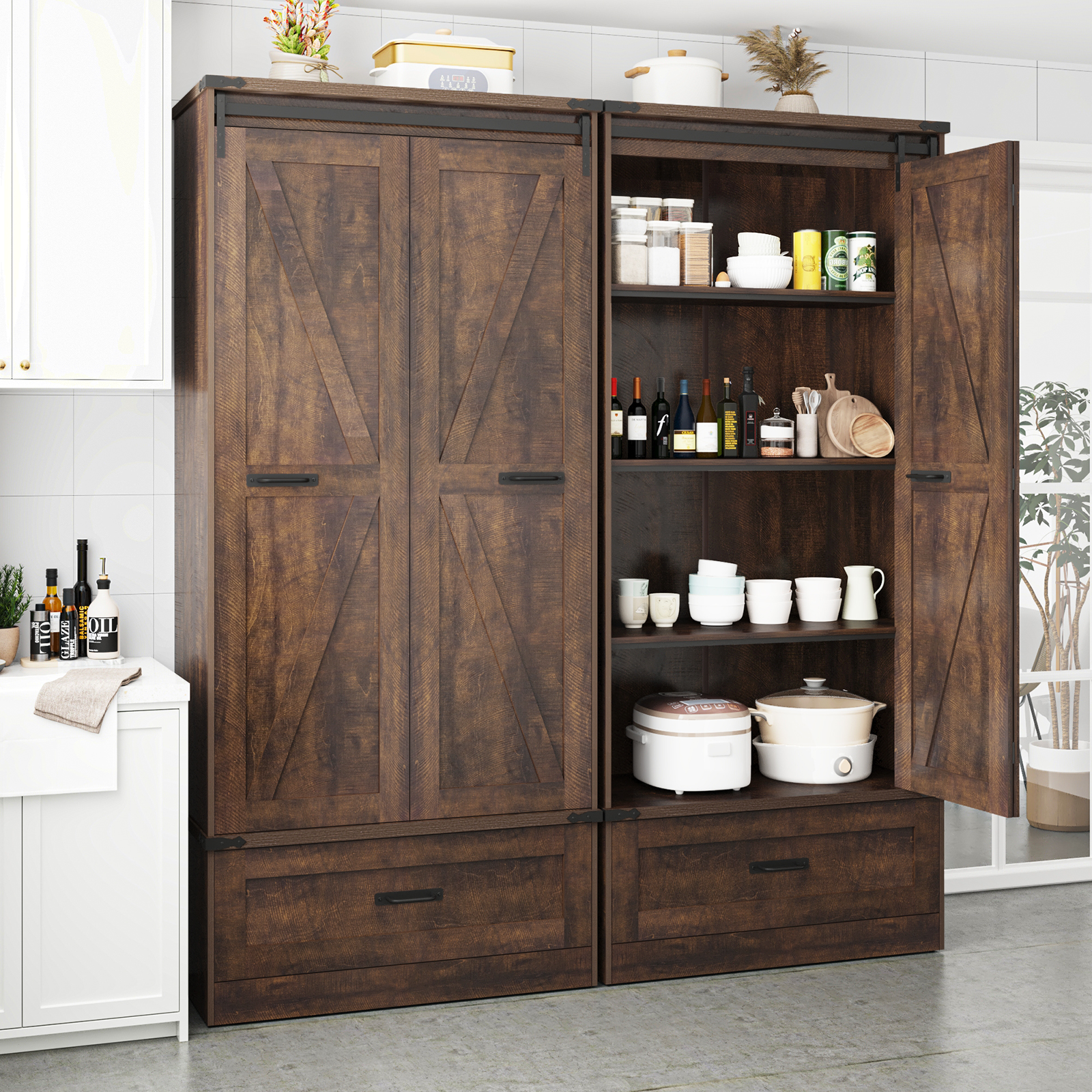 71''Tall Farmhouse Kitchen Pantry Cabinet, 4 Layers Storage Cabinet with Adjustable Shelves, Drawer, Folding Door, Versatile Large Rustic Cabinet for Kitchen, Dining Room, Living Room, Bathroom