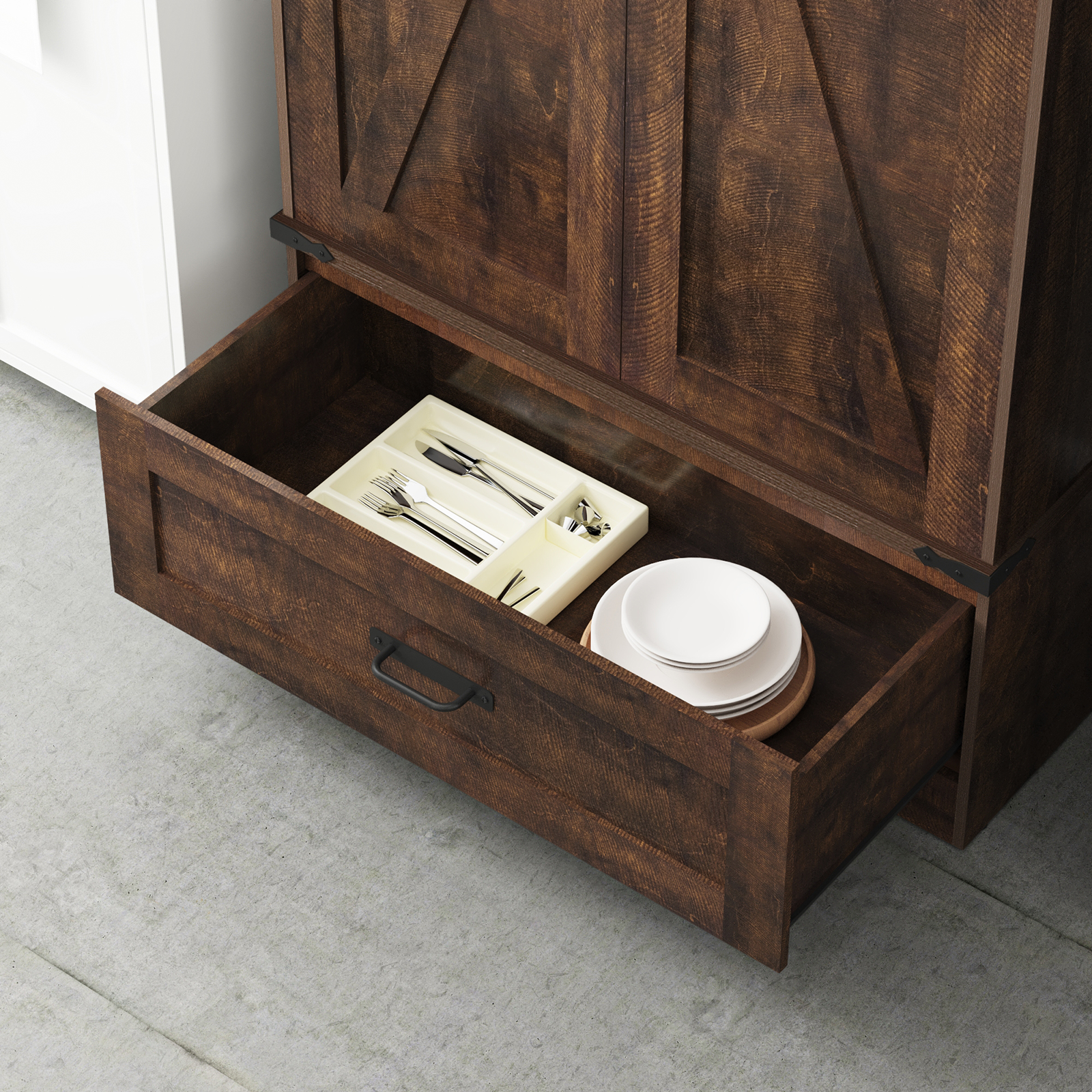 71''Tall Farmhouse Kitchen Pantry Cabinet, 4 Layers Storage Cabinet with Adjustable Shelves, Drawer, Folding Door, Versatile Large Rustic Cabinet for Kitchen, Dining Room, Living Room, Bathroom