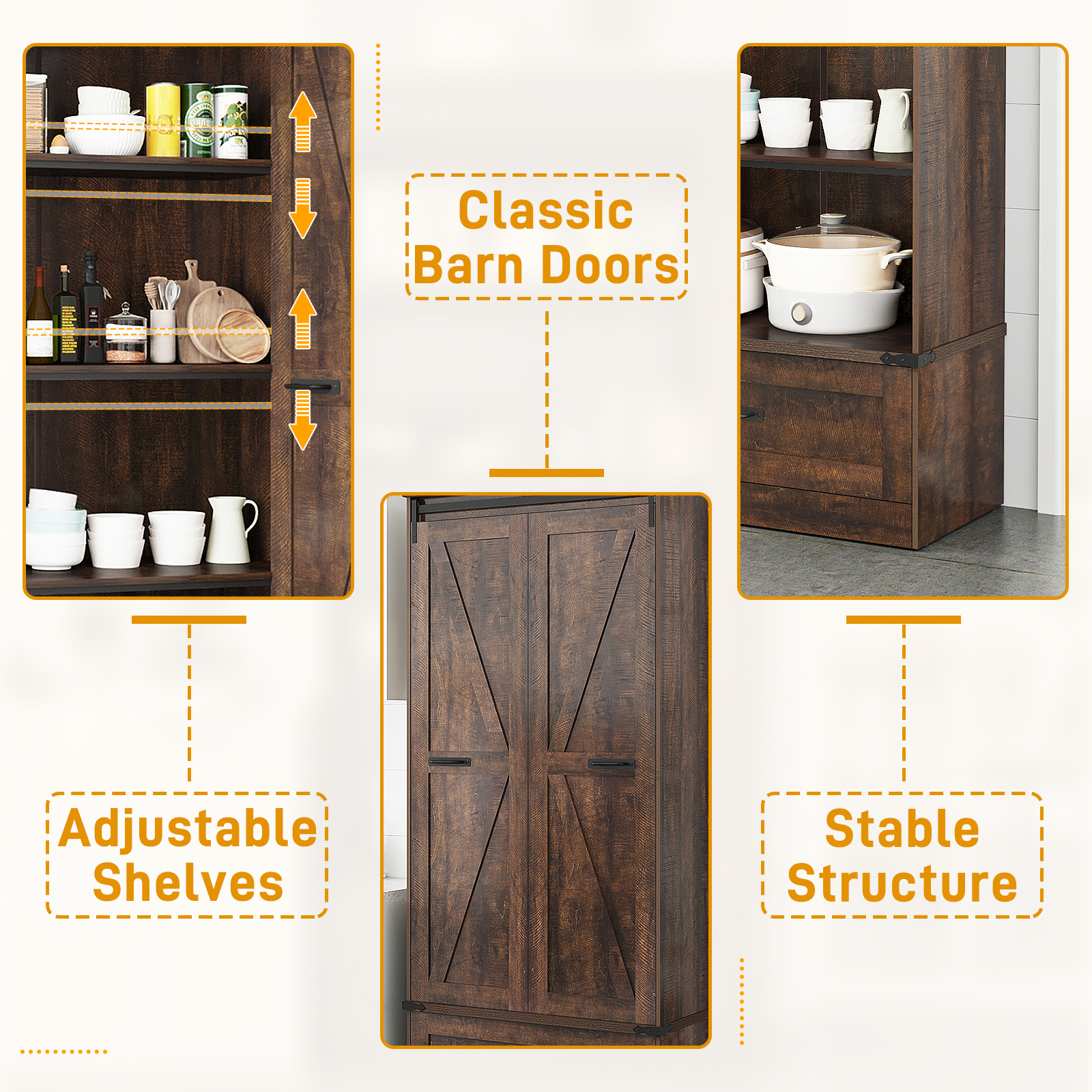 71''Tall Farmhouse Kitchen Pantry Cabinet, 4 Layers Storage Cabinet with Adjustable Shelves, Drawer, Folding Door, Versatile Large Rustic Cabinet for Kitchen, Dining Room, Living Room, Bathroom