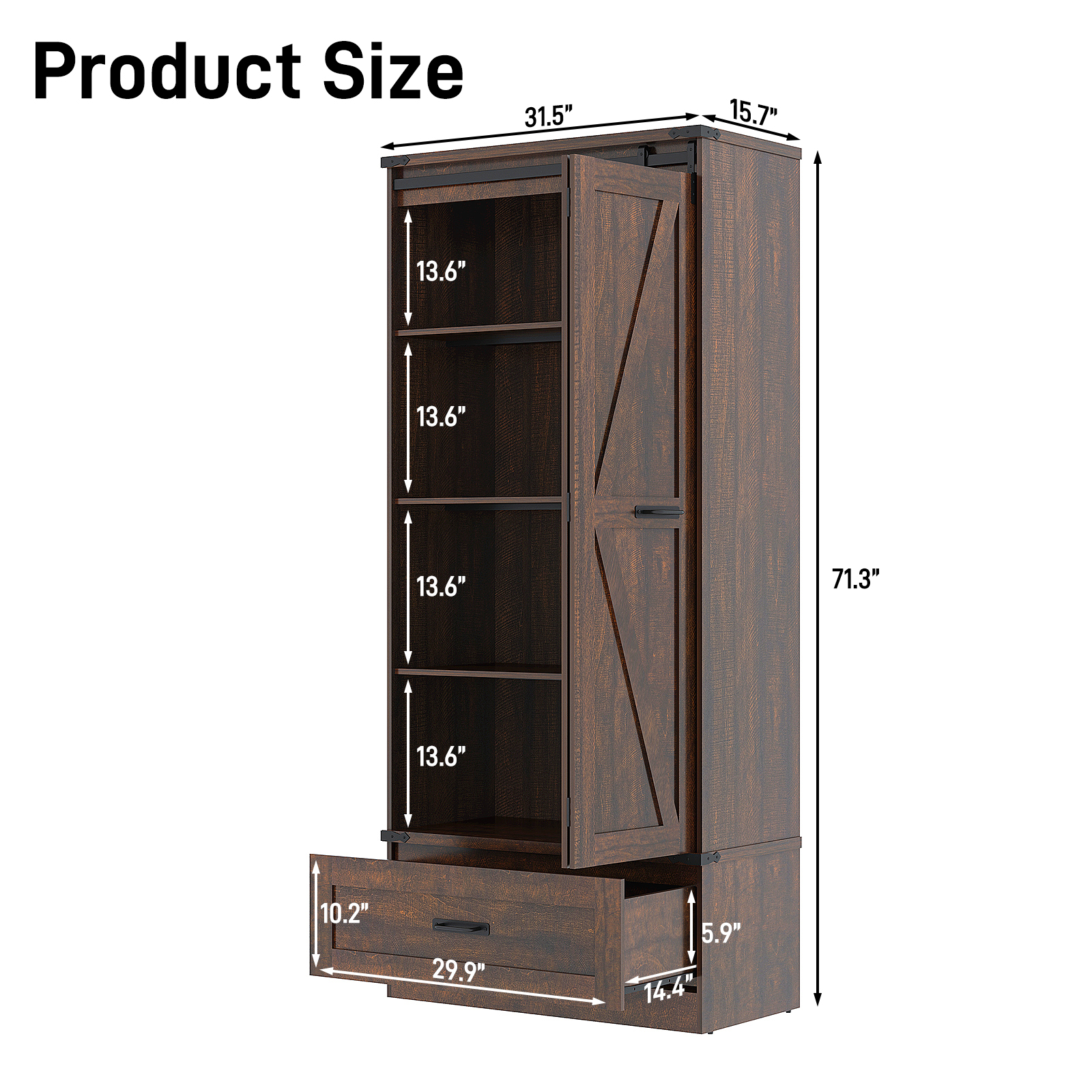 71''Tall Farmhouse Kitchen Pantry Cabinet, 4 Layers Storage Cabinet with Adjustable Shelves, Drawer, Folding Door, Versatile Large Rustic Cabinet for Kitchen, Dining Room, Living Room, Bathroom