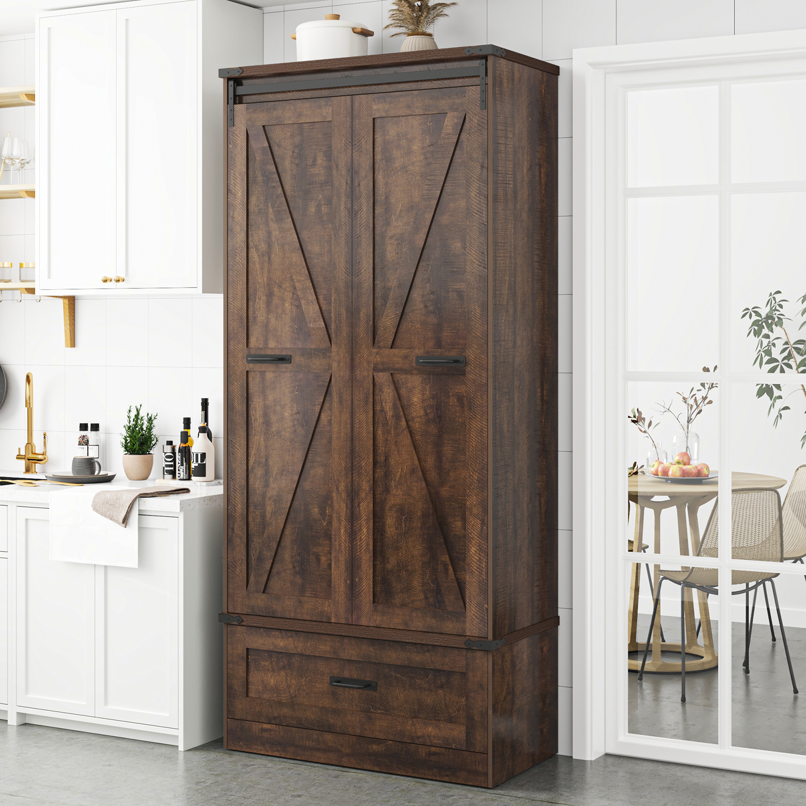 71''Tall Farmhouse Kitchen Pantry Cabinet, 4 Layers Storage Cabinet with Adjustable Shelves, Drawer, Folding Door, Versatile Large Rustic Cabinet for Kitchen, Dining Room, Living Room, Bathroom