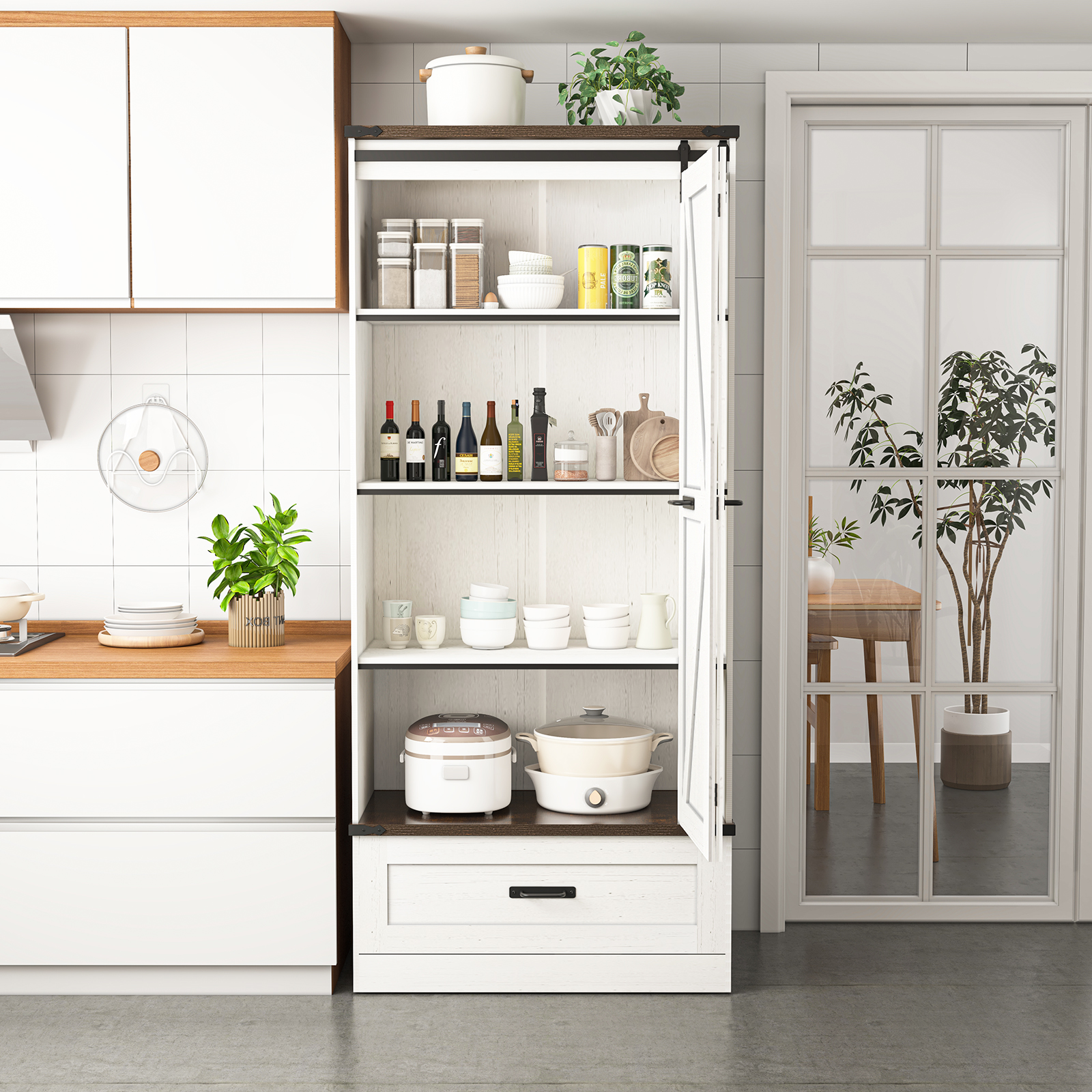 71''Tall Farmhouse Kitchen Pantry Cabinet, 4 Layers Storage Cabinet with Adjustable Shelves, Drawer, Folding Door, Versatile Large Rustic Cabinet for Kitchen, Dining Room, Living Room, Bathroom