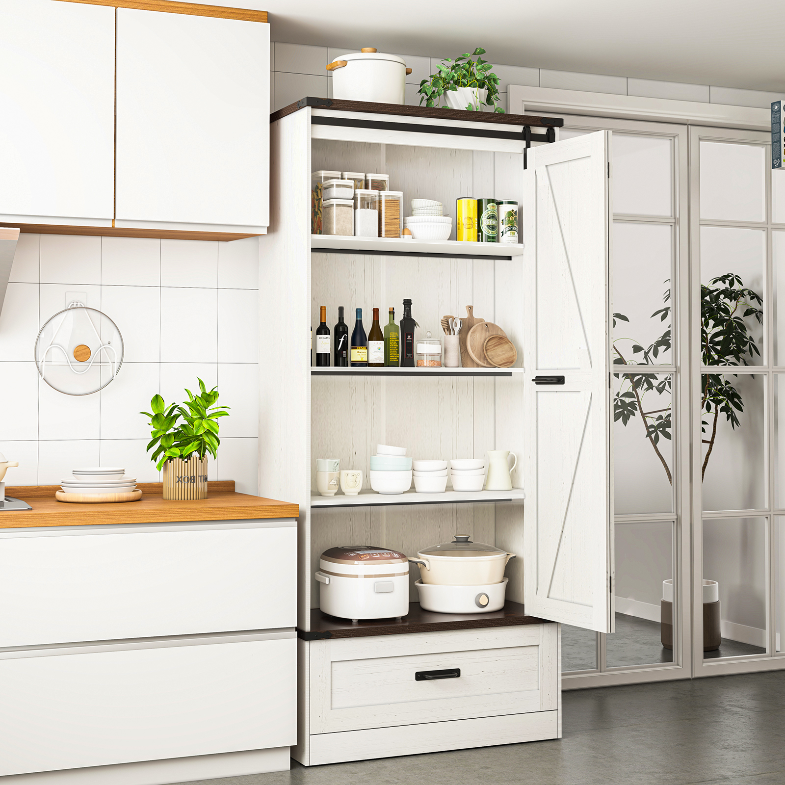 71''Tall Farmhouse Kitchen Pantry Cabinet, 4 Layers Storage Cabinet with Adjustable Shelves, Drawer, Folding Door, Versatile Large Rustic Cabinet for Kitchen, Dining Room, Living Room, Bathroom