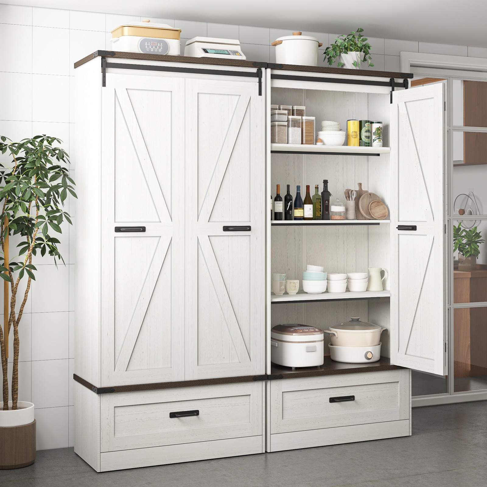 71''Tall Farmhouse Kitchen Pantry Cabinet, 4 Layers Storage Cabinet with Adjustable Shelves, Drawer, Folding Door, Versatile Large Rustic Cabinet for Kitchen, Dining Room, Living Room, Bathroom