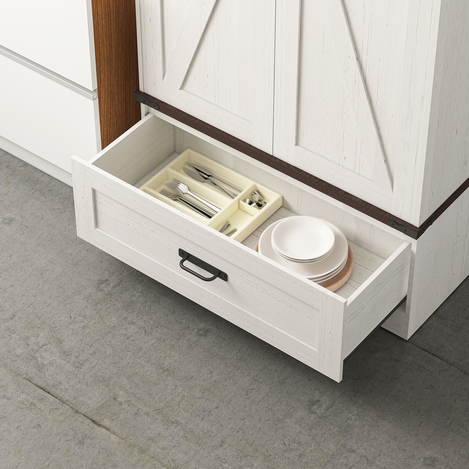 71''Tall Farmhouse Kitchen Pantry Cabinet, 4 Layers Storage Cabinet with Adjustable Shelves, Drawer, Folding Door, Versatile Large Rustic Cabinet for Kitchen, Dining Room, Living Room, Bathroom