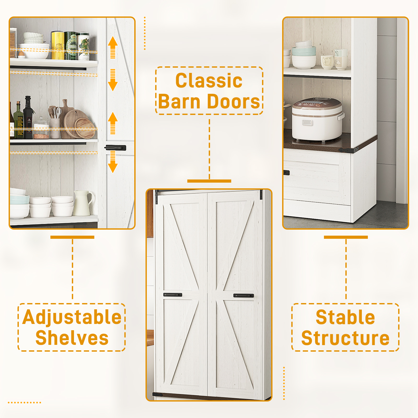 71''Tall Farmhouse Kitchen Pantry Cabinet, 4 Layers Storage Cabinet with Adjustable Shelves, Drawer, Folding Door, Versatile Large Rustic Cabinet for Kitchen, Dining Room, Living Room, Bathroom