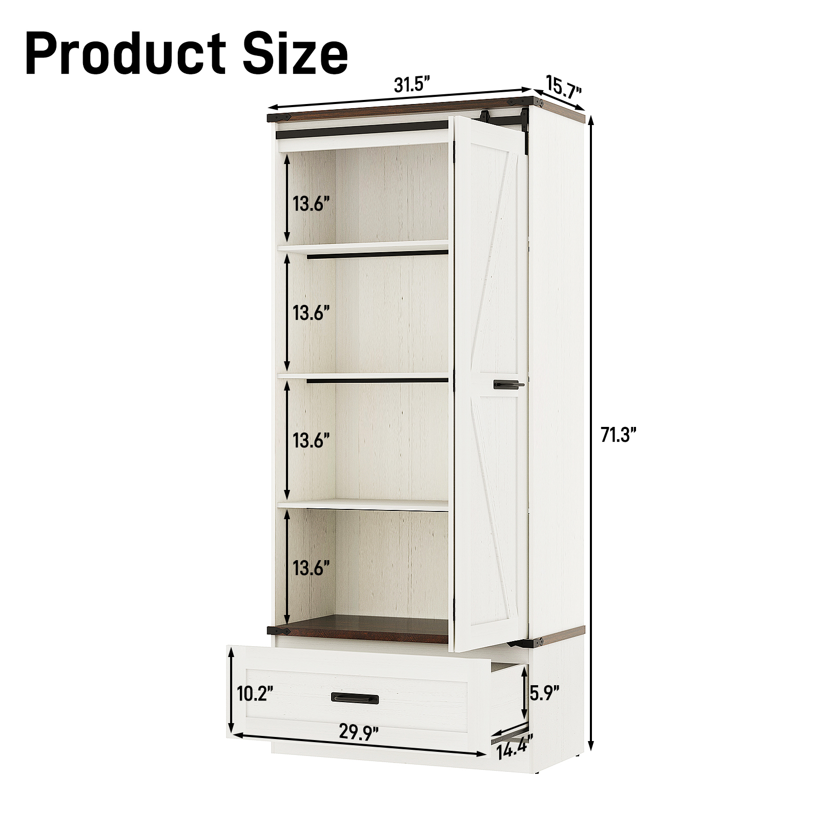 71''Tall Farmhouse Kitchen Pantry Cabinet, 4 Layers Storage Cabinet with Adjustable Shelves, Drawer, Folding Door, Versatile Large Rustic Cabinet for Kitchen, Dining Room, Living Room, Bathroom