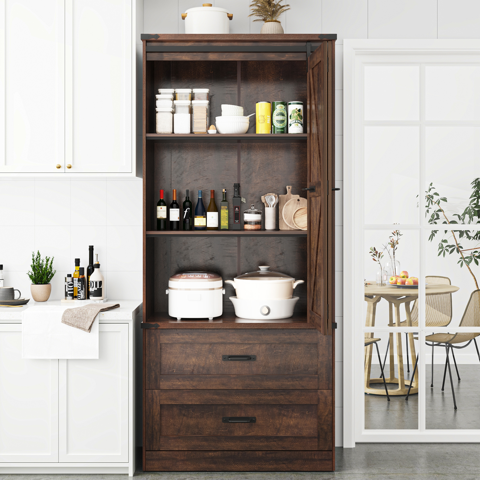 72''Tall Farmhouse Kitchen Pantry Cabinet, 3 Layers Storage Cabinet with Adjustable Shelves, 2 Drawer, Folding Door, Versatile Large Rustic Cabinet for Kitchen, Dining Room, Living Room, Bathroom