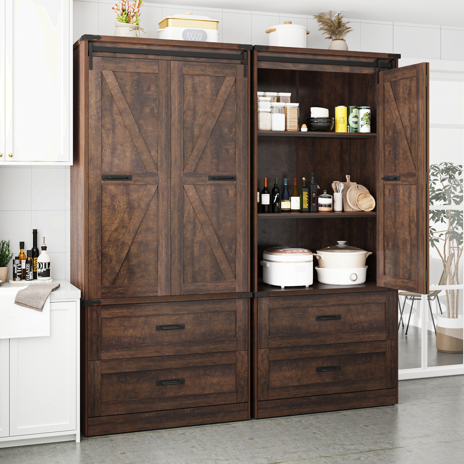 72''Tall Farmhouse Kitchen Pantry Cabinet, 3 Layers Storage Cabinet with Adjustable Shelves, 2 Drawer, Folding Door, Versatile Large Rustic Cabinet for Kitchen, Dining Room, Living Room, Bathroom