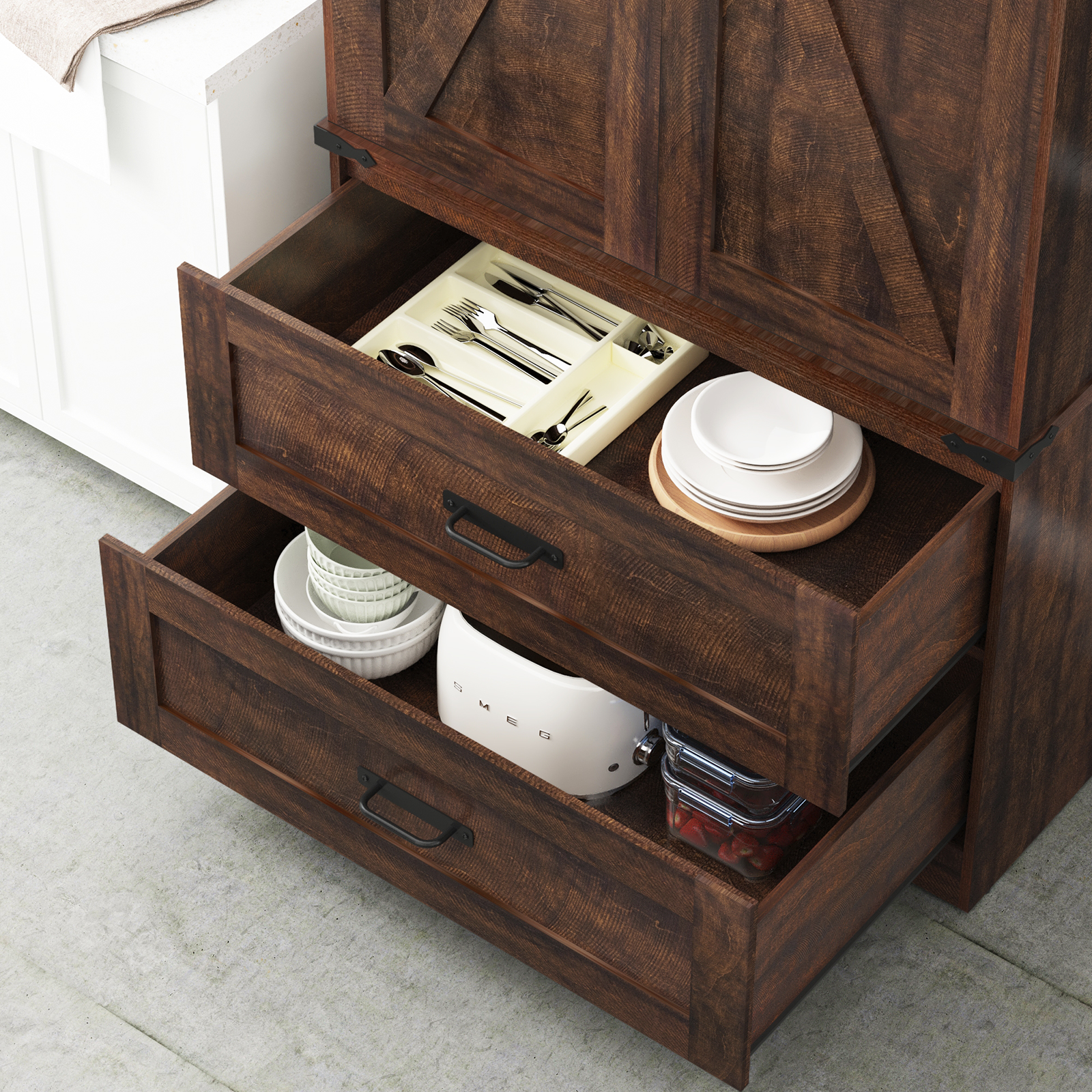 72''Tall Farmhouse Kitchen Pantry Cabinet, 3 Layers Storage Cabinet with Adjustable Shelves, 2 Drawer, Folding Door, Versatile Large Rustic Cabinet for Kitchen, Dining Room, Living Room, Bathroom