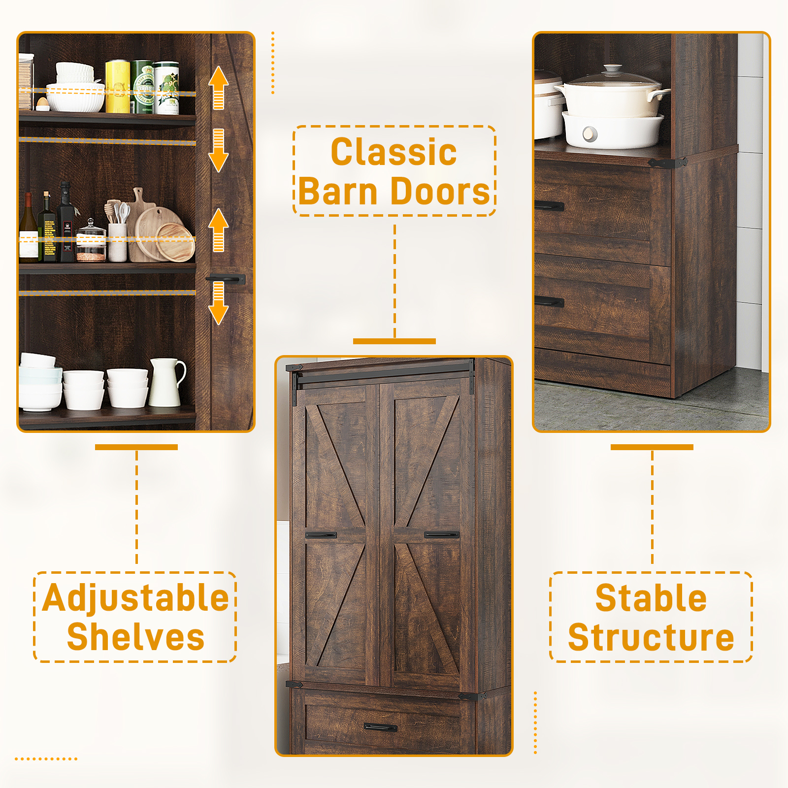 72''Tall Farmhouse Kitchen Pantry Cabinet, 3 Layers Storage Cabinet with Adjustable Shelves, 2 Drawer, Folding Door, Versatile Large Rustic Cabinet for Kitchen, Dining Room, Living Room, Bathroom