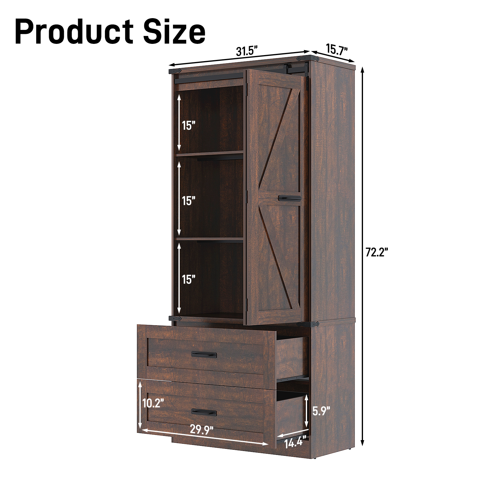 72''Tall Farmhouse Kitchen Pantry Cabinet, 3 Layers Storage Cabinet with Adjustable Shelves, 2 Drawer, Folding Door, Versatile Large Rustic Cabinet for Kitchen, Dining Room, Living Room, Bathroom