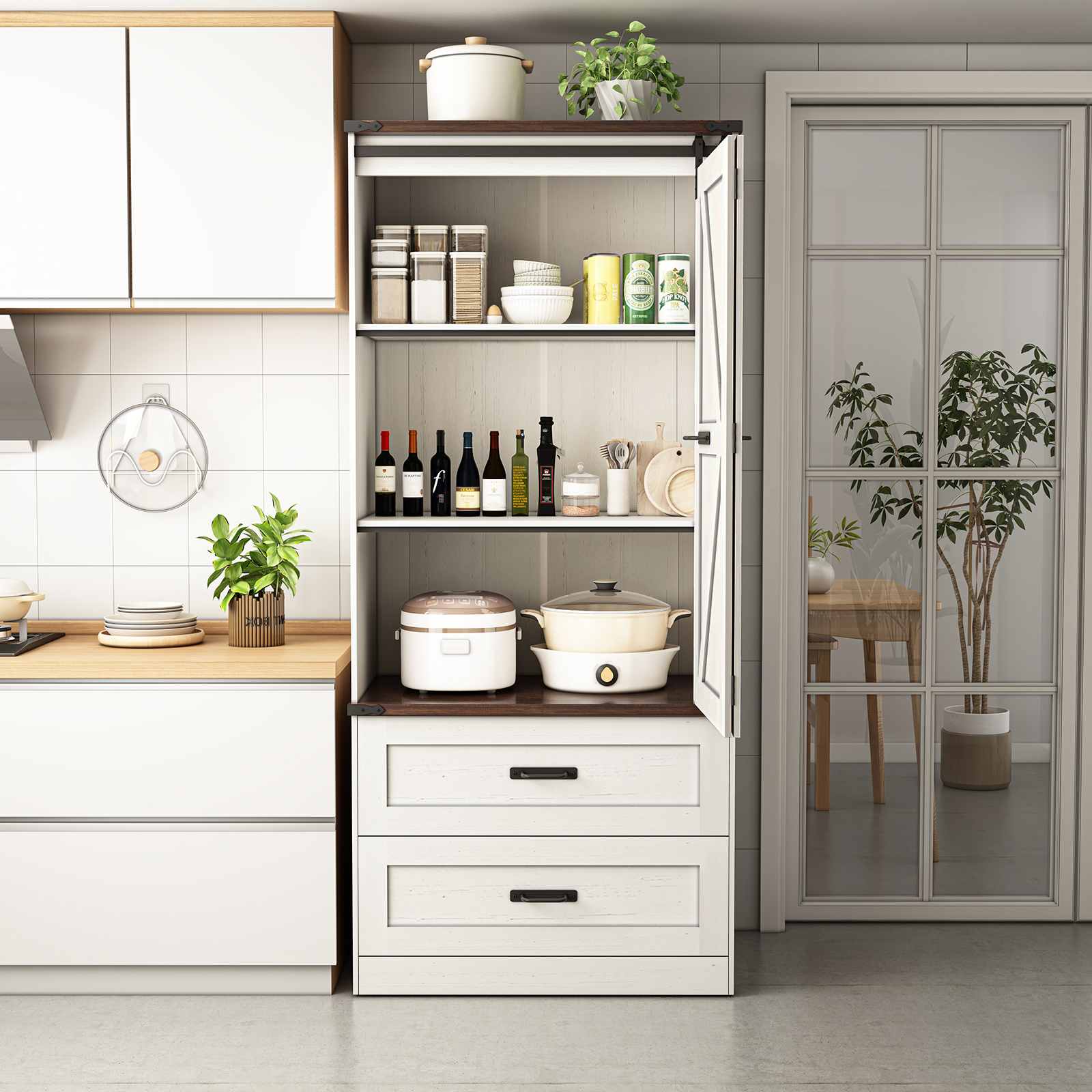 72''Tall Farmhouse Kitchen Pantry Cabinet, 3 Layers Storage Cabinet with Adjustable Shelves, 2 Drawer, Folding Door, Versatile Large Rustic Cabinet for Kitchen, Dining Room, Living Room, Bathroom