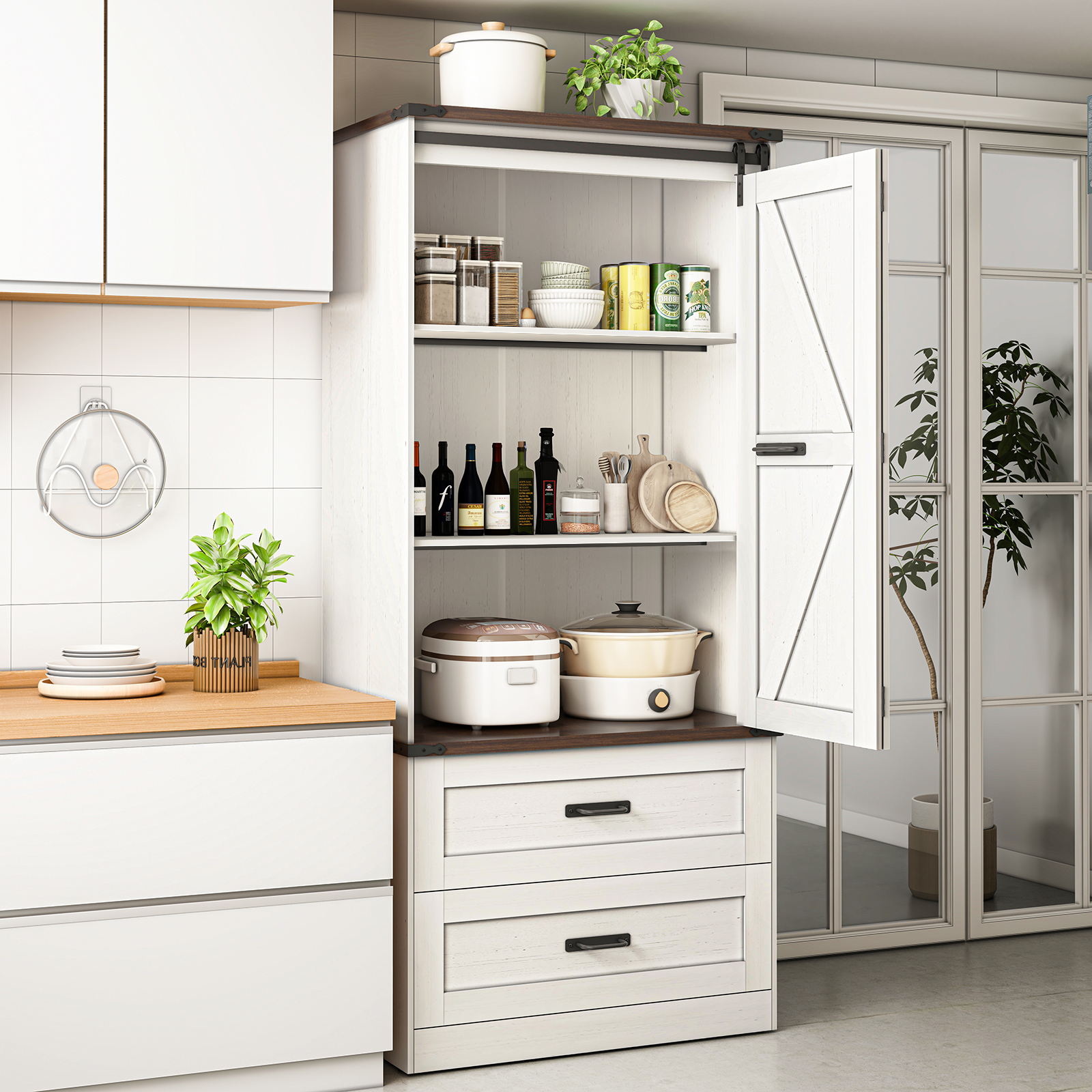 72''Tall Farmhouse Kitchen Pantry Cabinet, 3 Layers Storage Cabinet with Adjustable Shelves, 2 Drawer, Folding Door, Versatile Large Rustic Cabinet for Kitchen, Dining Room, Living Room, Bathroom