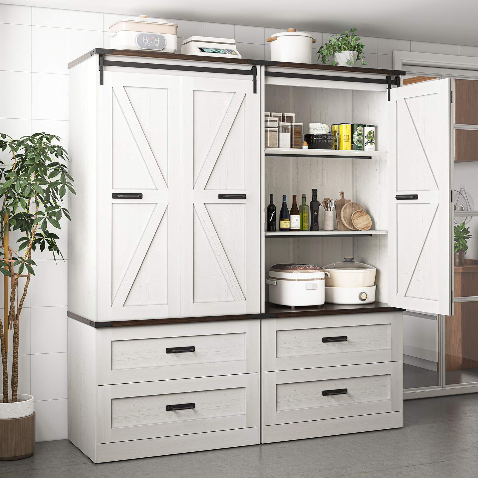 72''Tall Farmhouse Kitchen Pantry Cabinet, 3 Layers Storage Cabinet with Adjustable Shelves, 2 Drawer, Folding Door, Versatile Large Rustic Cabinet for Kitchen, Dining Room, Living Room, Bathroom