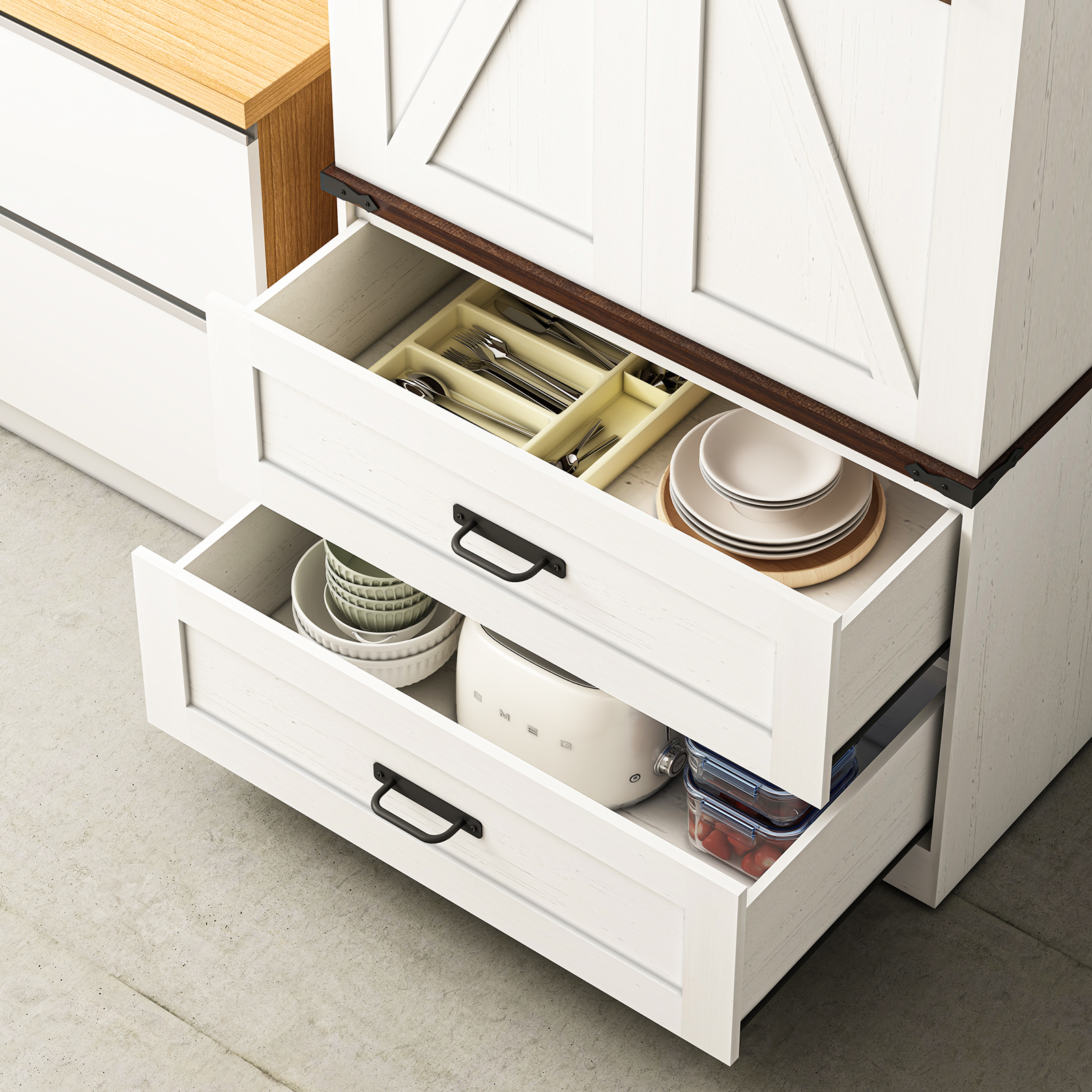 72''Tall Farmhouse Kitchen Pantry Cabinet, 3 Layers Storage Cabinet with Adjustable Shelves, 2 Drawer, Folding Door, Versatile Large Rustic Cabinet for Kitchen, Dining Room, Living Room, Bathroom