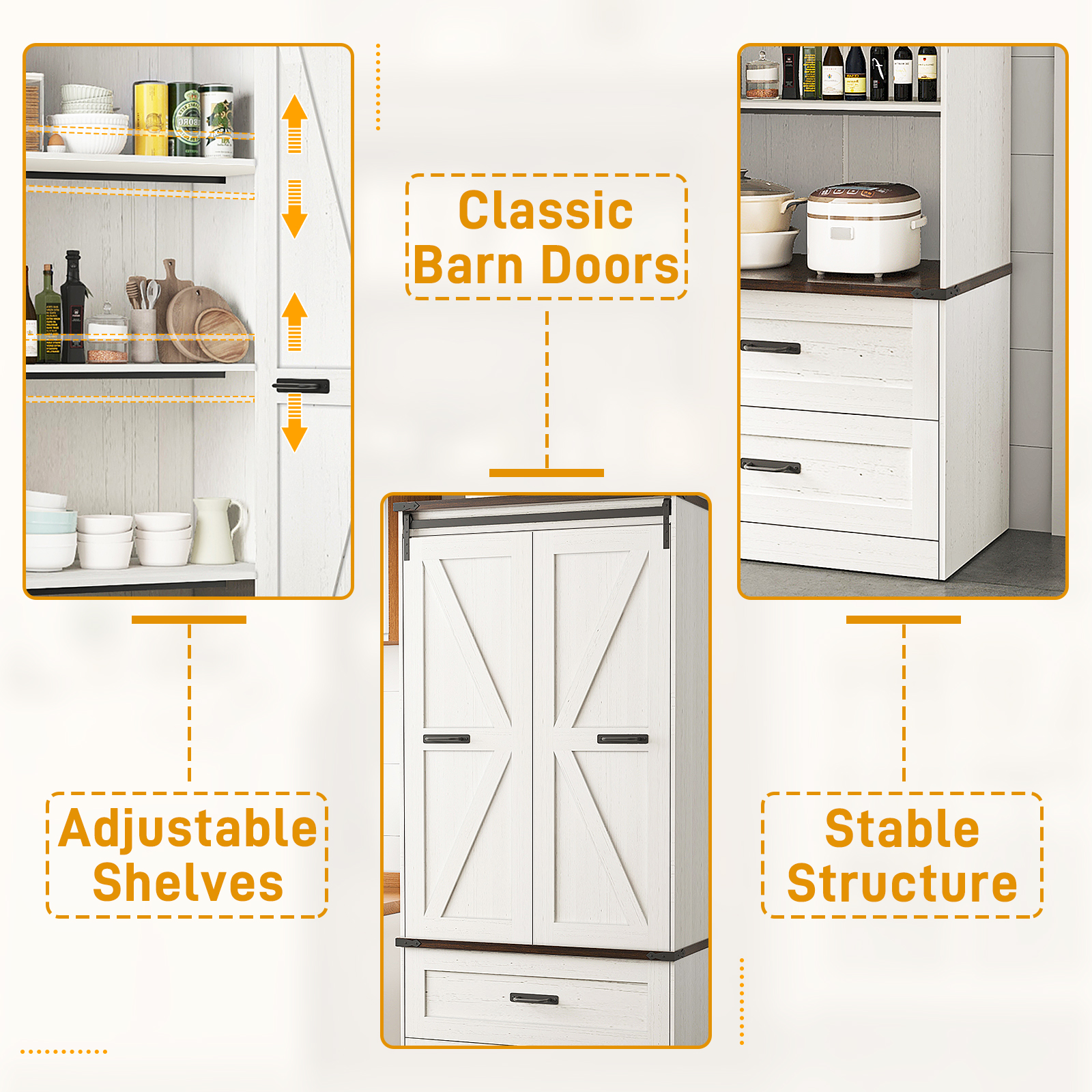 72''Tall Farmhouse Kitchen Pantry Cabinet, 3 Layers Storage Cabinet with Adjustable Shelves, 2 Drawer, Folding Door, Versatile Large Rustic Cabinet for Kitchen, Dining Room, Living Room, Bathroom