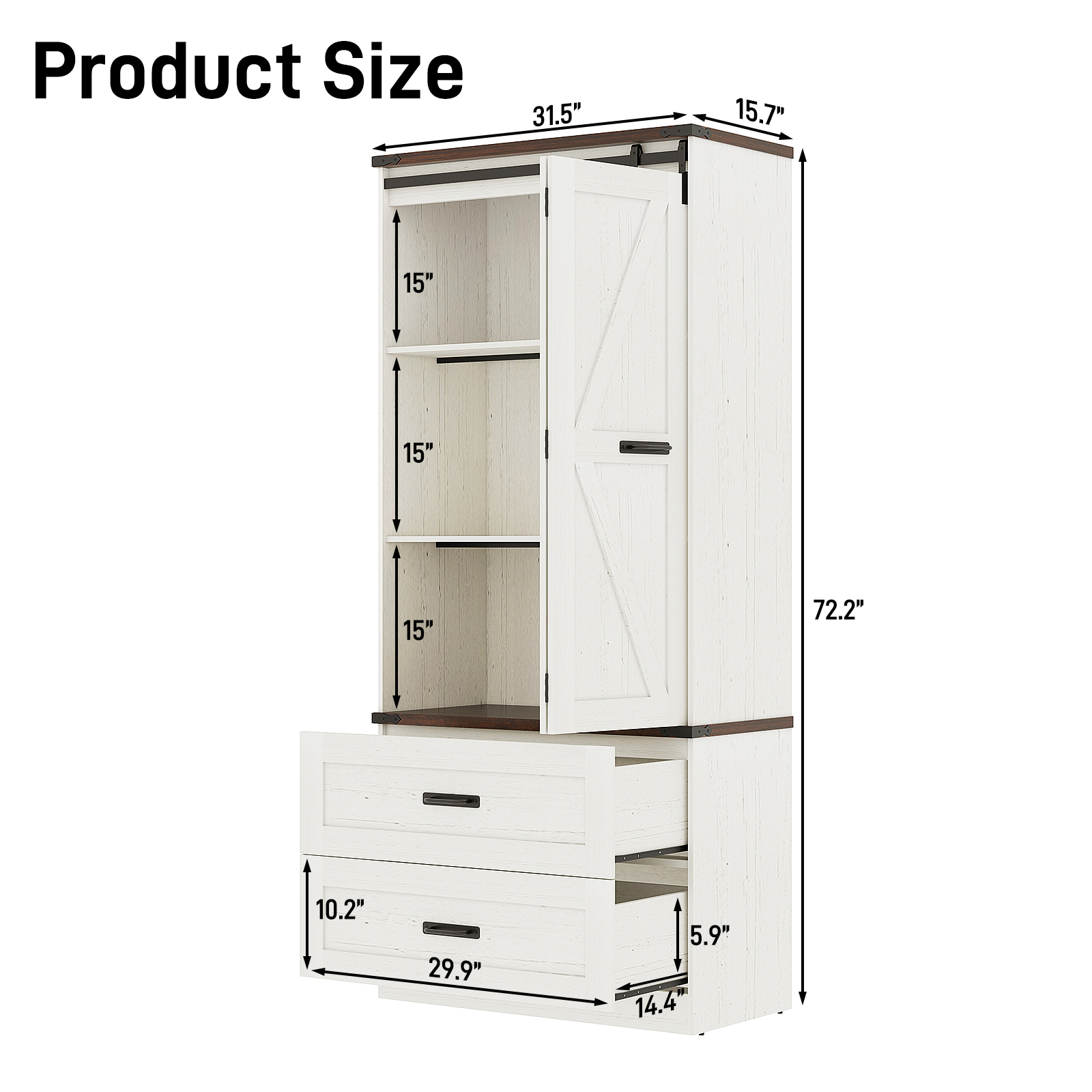 72''Tall Farmhouse Kitchen Pantry Cabinet, 3 Layers Storage Cabinet with Adjustable Shelves, 2 Drawer, Folding Door, Versatile Large Rustic Cabinet for Kitchen, Dining Room, Living Room, Bathroom