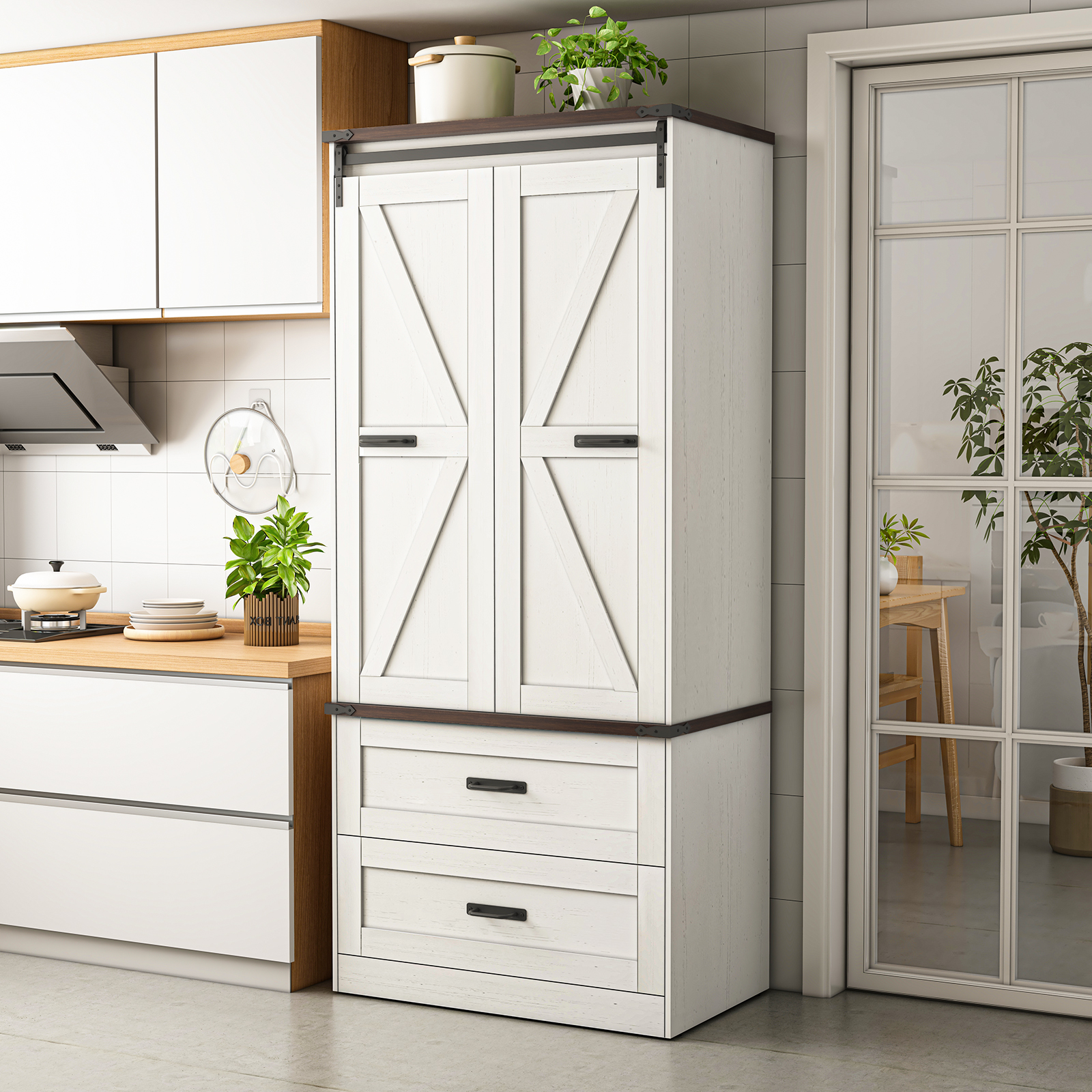 72''Tall Farmhouse Kitchen Pantry Cabinet, 3 Layers Storage Cabinet with Adjustable Shelves, 2 Drawer, Folding Door, Versatile Large Rustic Cabinet for Kitchen, Dining Room, Living Room, Bathroom