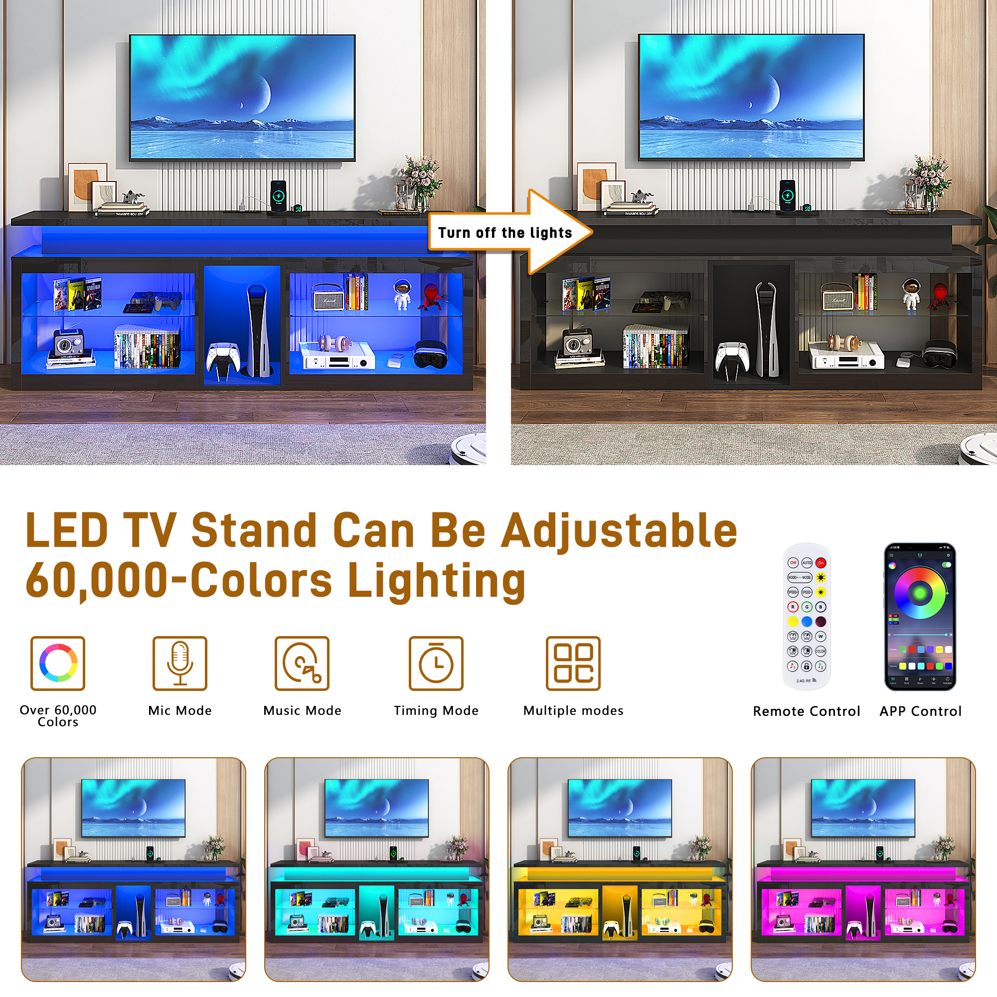 ChVans Modern LED TV Stand for TVs up to 70" with Adjustable LED Lights/Outlet, High Gloss Entertainment Center with Open Shelves Storage, Media Console TV Stands for Living Room, Game room, Bedroom