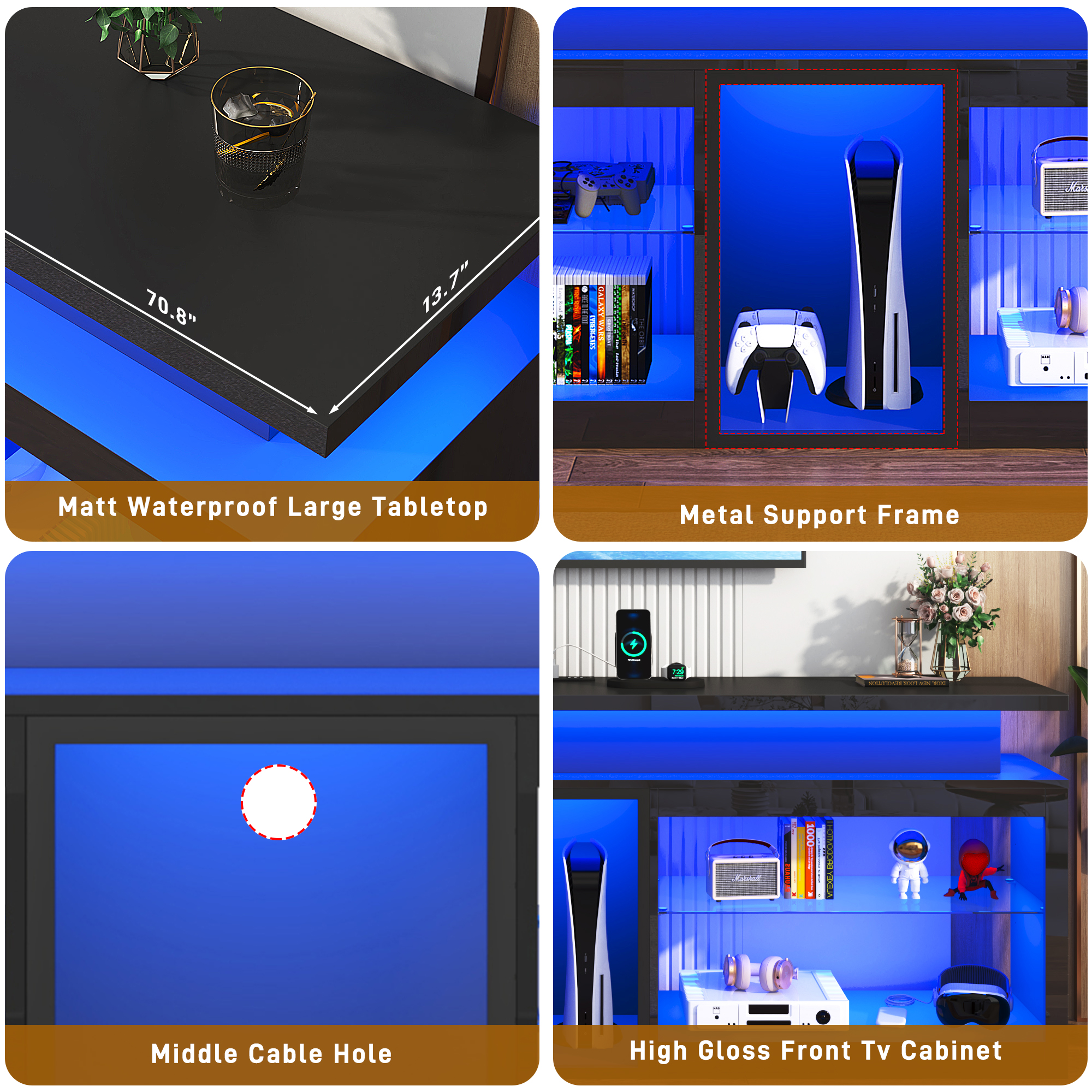 ChVans Modern LED TV Stand for TVs up to 70" with Adjustable LED Lights/Outlet, High Gloss Entertainment Center with Open Shelves Storage, Media Console TV Stands for Living Room, Game room, Bedroom