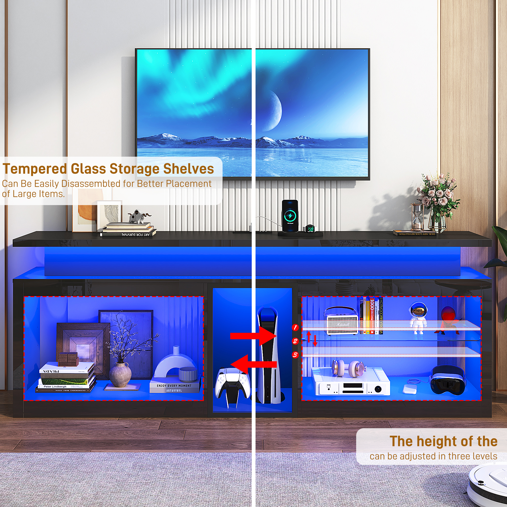 ChVans Modern LED TV Stand for TVs up to 70" with Adjustable LED Lights/Outlet, High Gloss Entertainment Center with Open Shelves Storage, Media Console TV Stands for Living Room, Game room, Bedroom