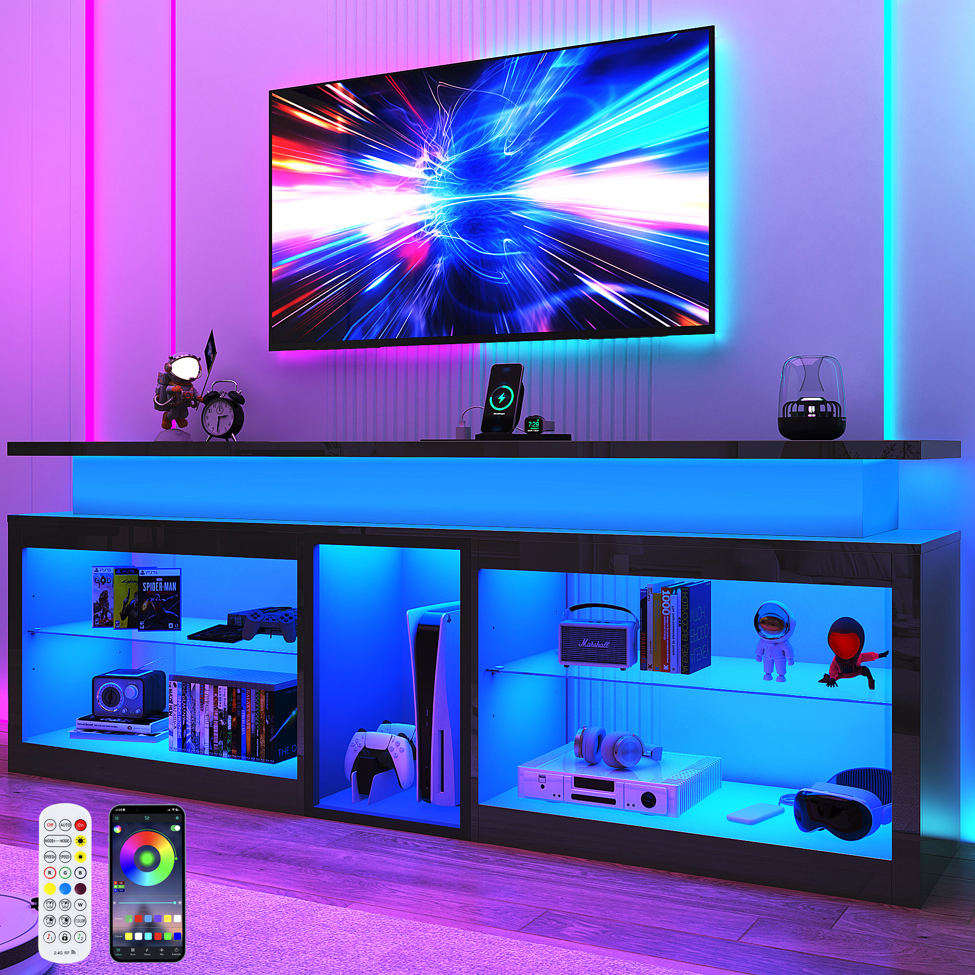 ChVans Modern LED TV Stand for TVs up to 70" with Adjustable LED Lights/Outlet, High Gloss Entertainment Center with Open Shelves Storage, Media Console TV Stands for Living Room, Game room, Bedroom