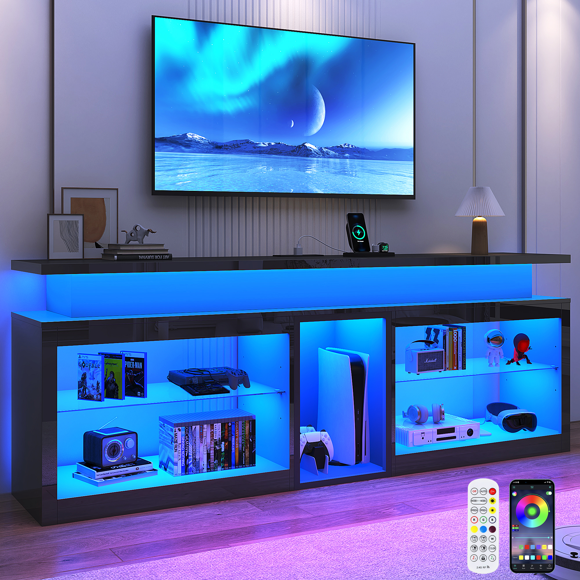 ChVans Modern LED TV Stand for TVs up to 70" with Adjustable LED Lights/Outlet, High Gloss Entertainment Center with Open Shelves Storage, Media Console TV Stands for Living Room, Game room, Bedroom
