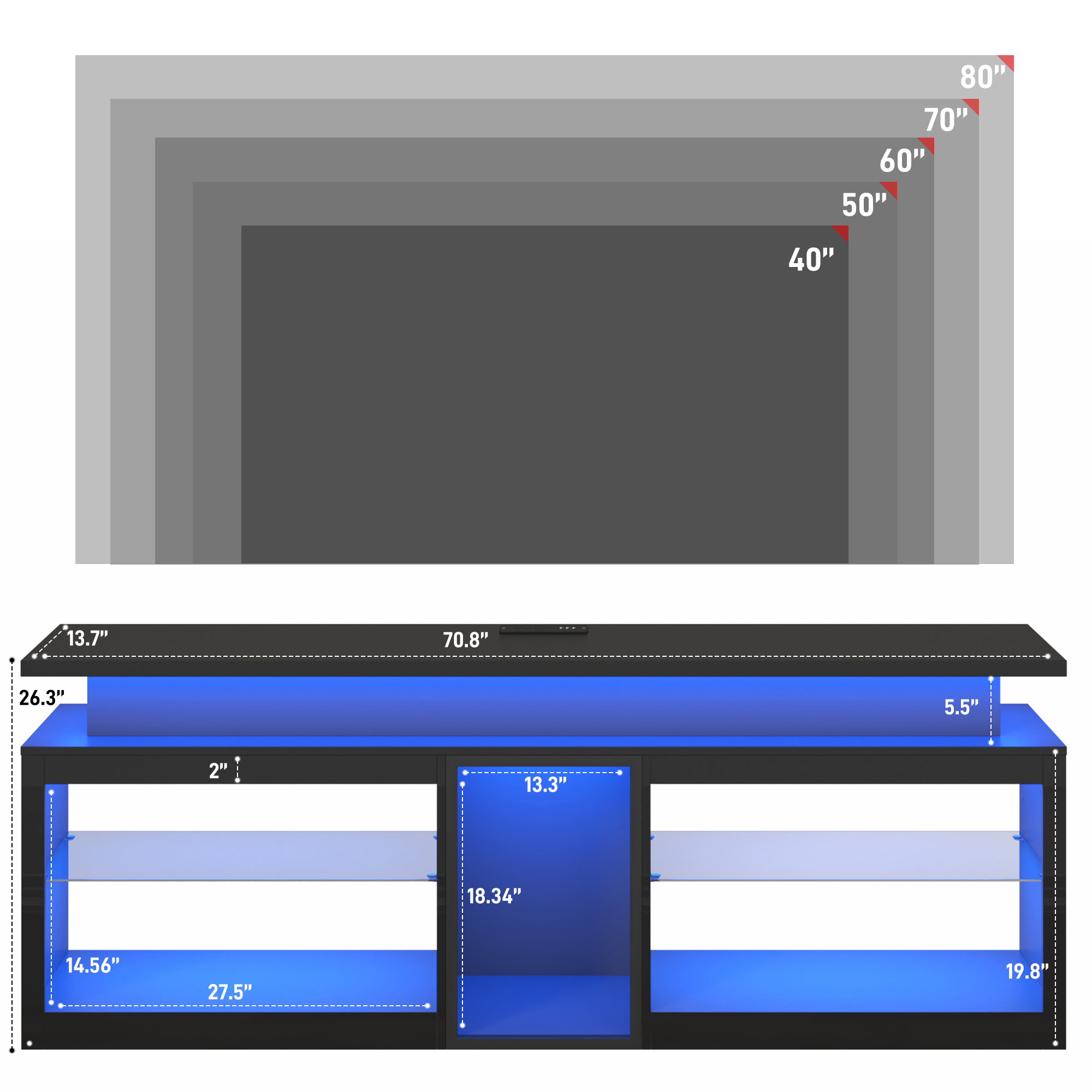 ChVans Modern LED TV Stand for TVs up to 70" with Adjustable LED Lights/Outlet, High Gloss Entertainment Center with Open Shelves Storage, Media Console TV Stands for Living Room, Game room, Bedroom