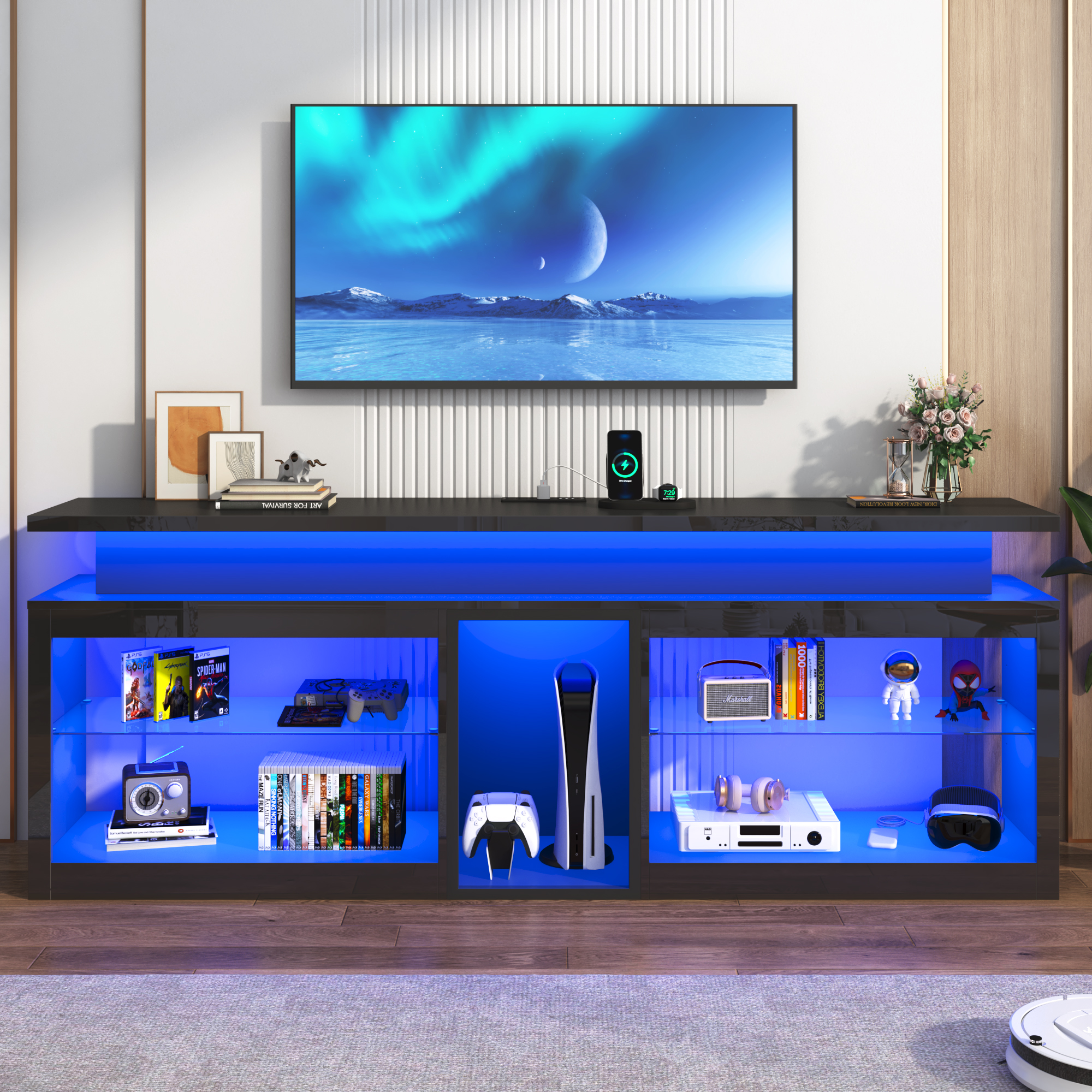 ChVans Modern LED TV Stand for TVs up to 80" with Adjustable LED Lights/Outlet, High Gloss Entertainment Center with Open Shelves Storage, Media Console TV Stands for Living Room, Game room, Bedroom