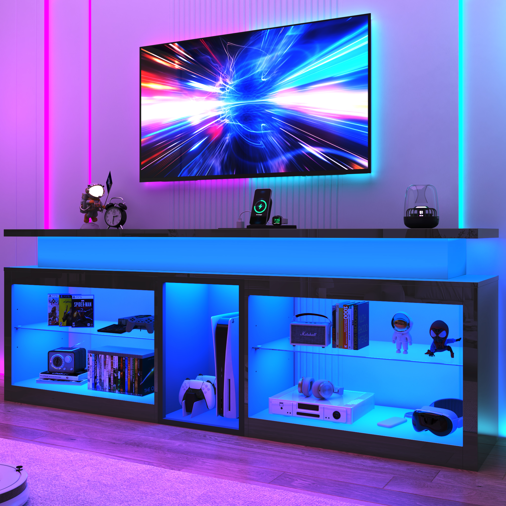 ChVans Modern LED TV Stand for TVs up to 80" with Adjustable LED Lights/Outlet, High Gloss Entertainment Center with Open Shelves Storage, Media Console TV Stands for Living Room, Game room, Bedroom