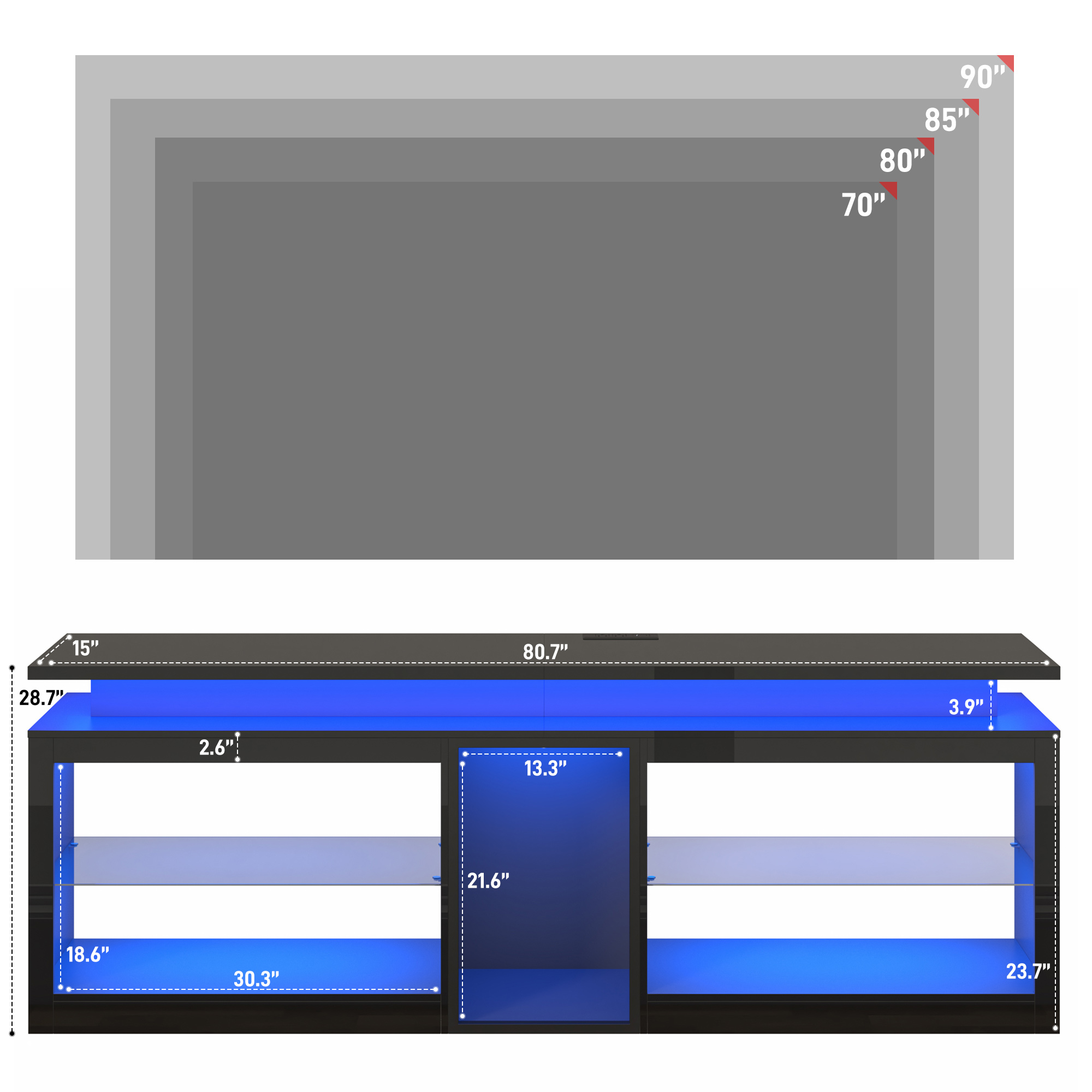 ChVans Modern LED TV Stand for TVs up to 80" with Adjustable LED Lights/Outlet, High Gloss Entertainment Center with Open Shelves Storage, Media Console TV Stands for Living Room, Game room, Bedroom