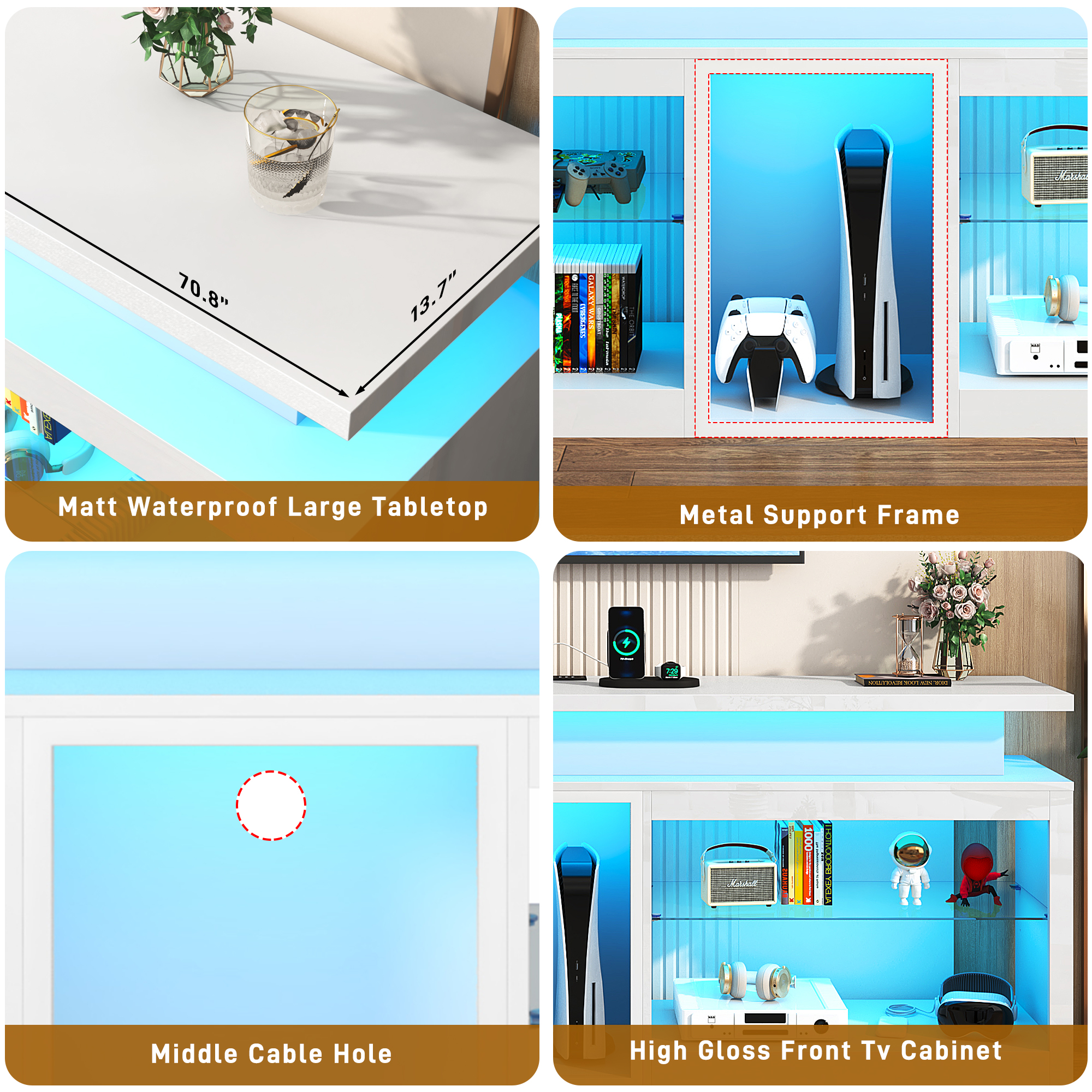 ChVans Modern LED TV Stand for TVs up to 80" with Adjustable LED Lights/Outlet, High Gloss Entertainment Center with Open Shelves Storage, Media Console TV Stands for Living Room, Game room, Bedroom