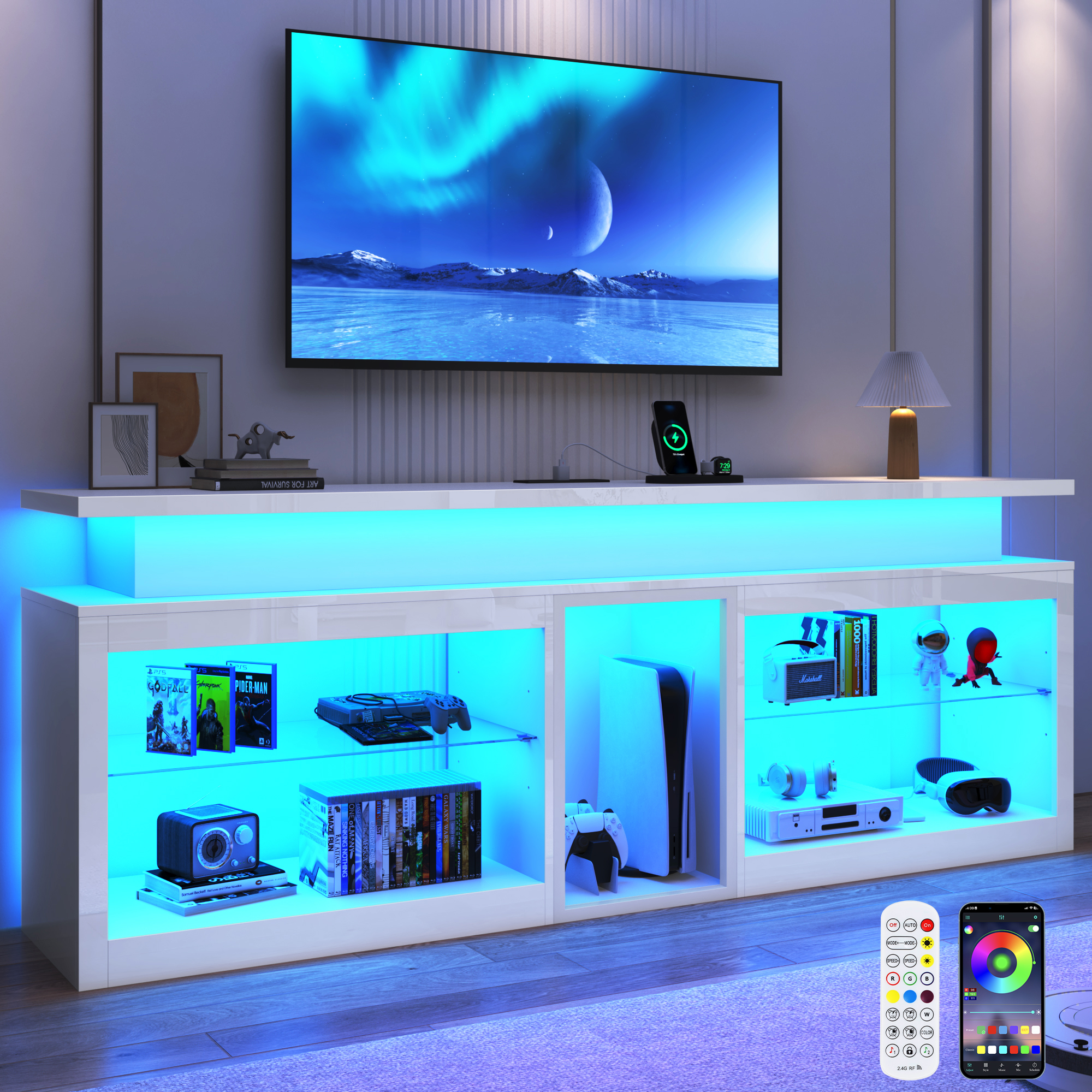 ChVans Modern LED TV Stand for TVs up to 70" with Adjustable LED Lights/Outlet, High Gloss Entertainment Center with Open Shelves Storage, Media Console TV Stands for Living Room, Game room, Bedroom