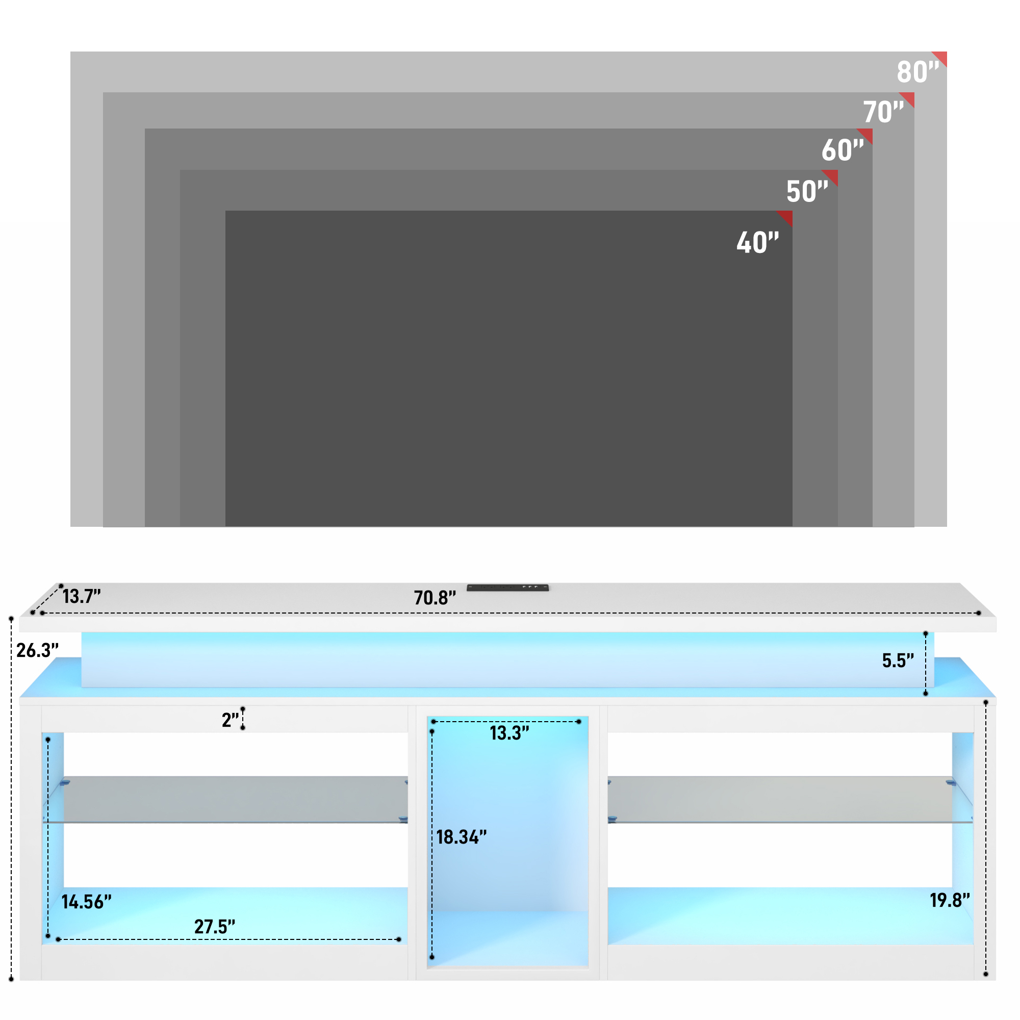 ChVans Modern LED TV Stand for TVs up to 70" with Adjustable LED Lights/Outlet, High Gloss Entertainment Center with Open Shelves Storage, Media Console TV Stands for Living Room, Game room, Bedroom