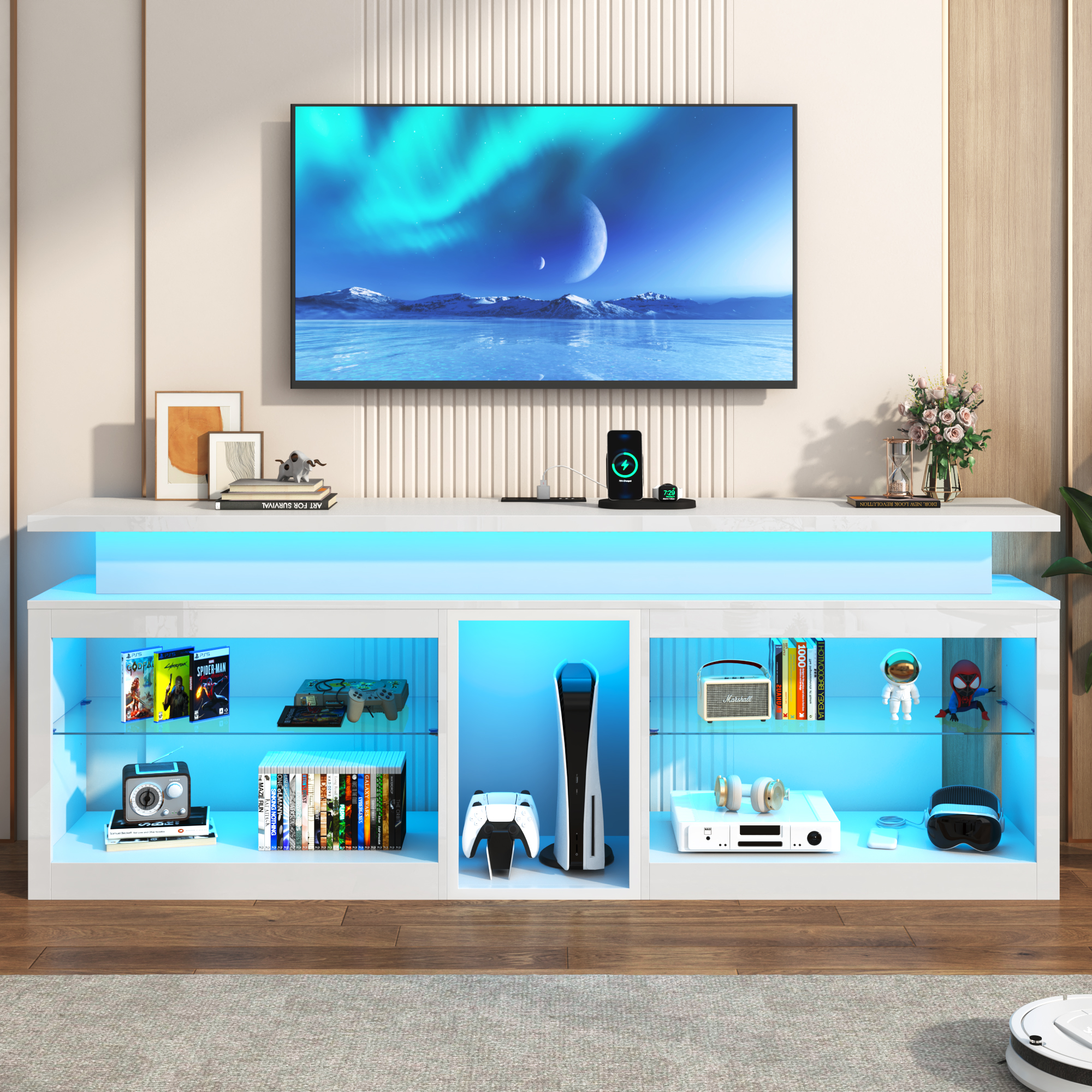 ChVans Modern LED TV Stand for TVs up to 80" with Adjustable LED Lights/Outlet, High Gloss Entertainment Center with Open Shelves Storage, Media Console TV Stands for Living Room, Game room, Bedroom