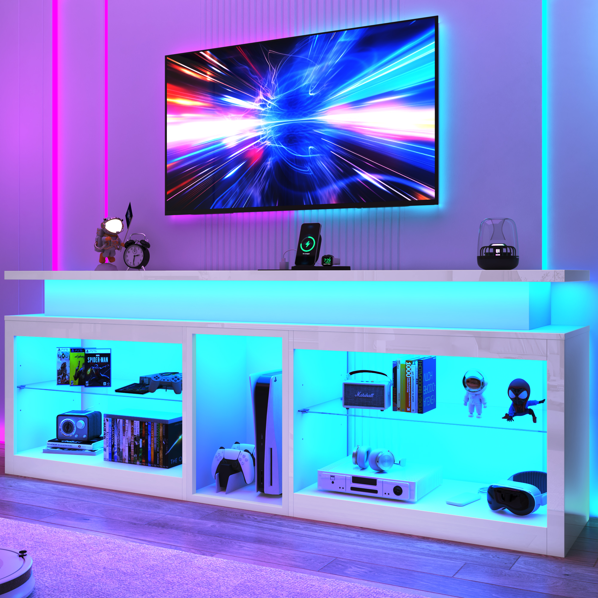 ChVans Modern LED TV Stand for TVs up to 80" with Adjustable LED Lights/Outlet, High Gloss Entertainment Center with Open Shelves Storage, Media Console TV Stands for Living Room, Game room, Bedroom