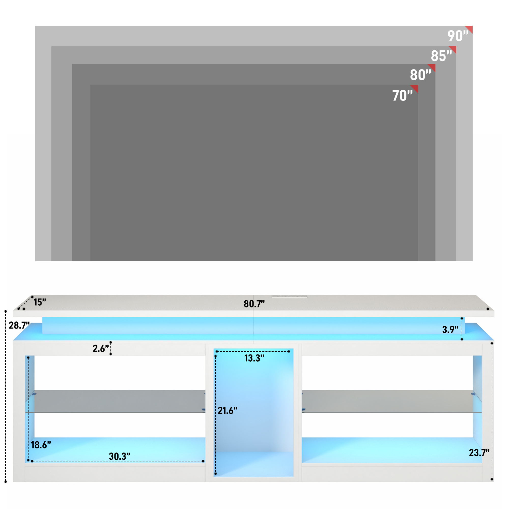 ChVans Modern LED TV Stand for TVs up to 80" with Adjustable LED Lights/Outlet, High Gloss Entertainment Center with Open Shelves Storage, Media Console TV Stands for Living Room, Game room, Bedroom